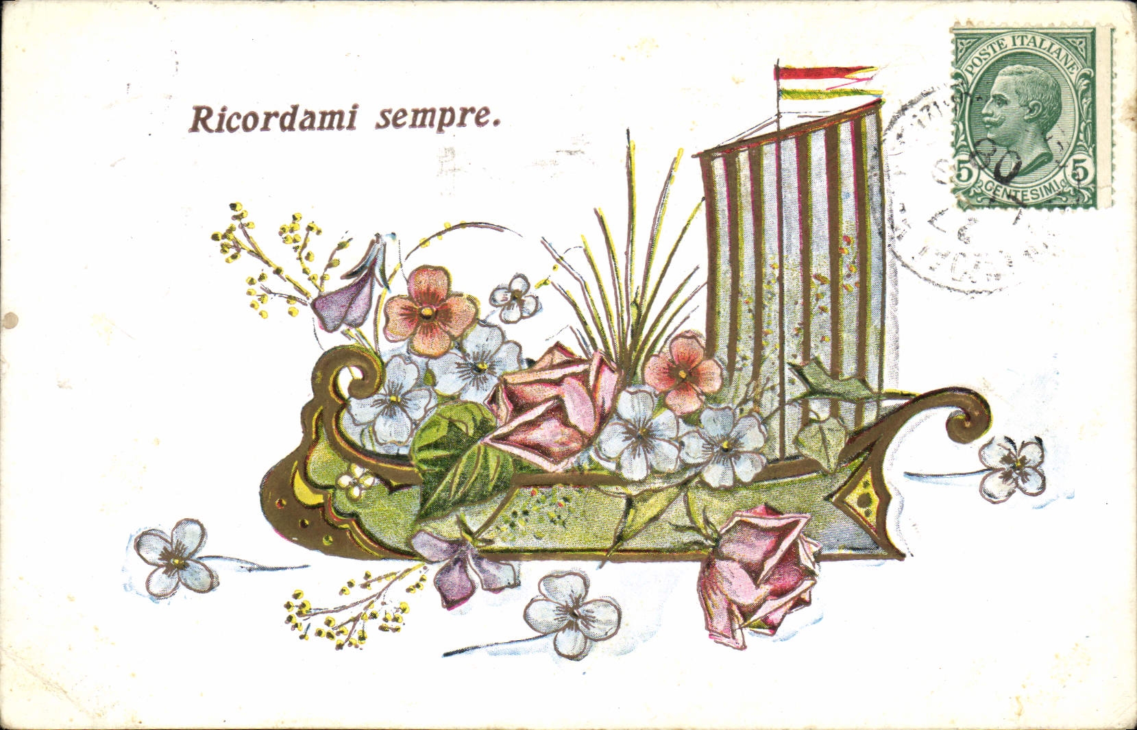 Vintage Postcard Fantasy Flowers Boat Galley