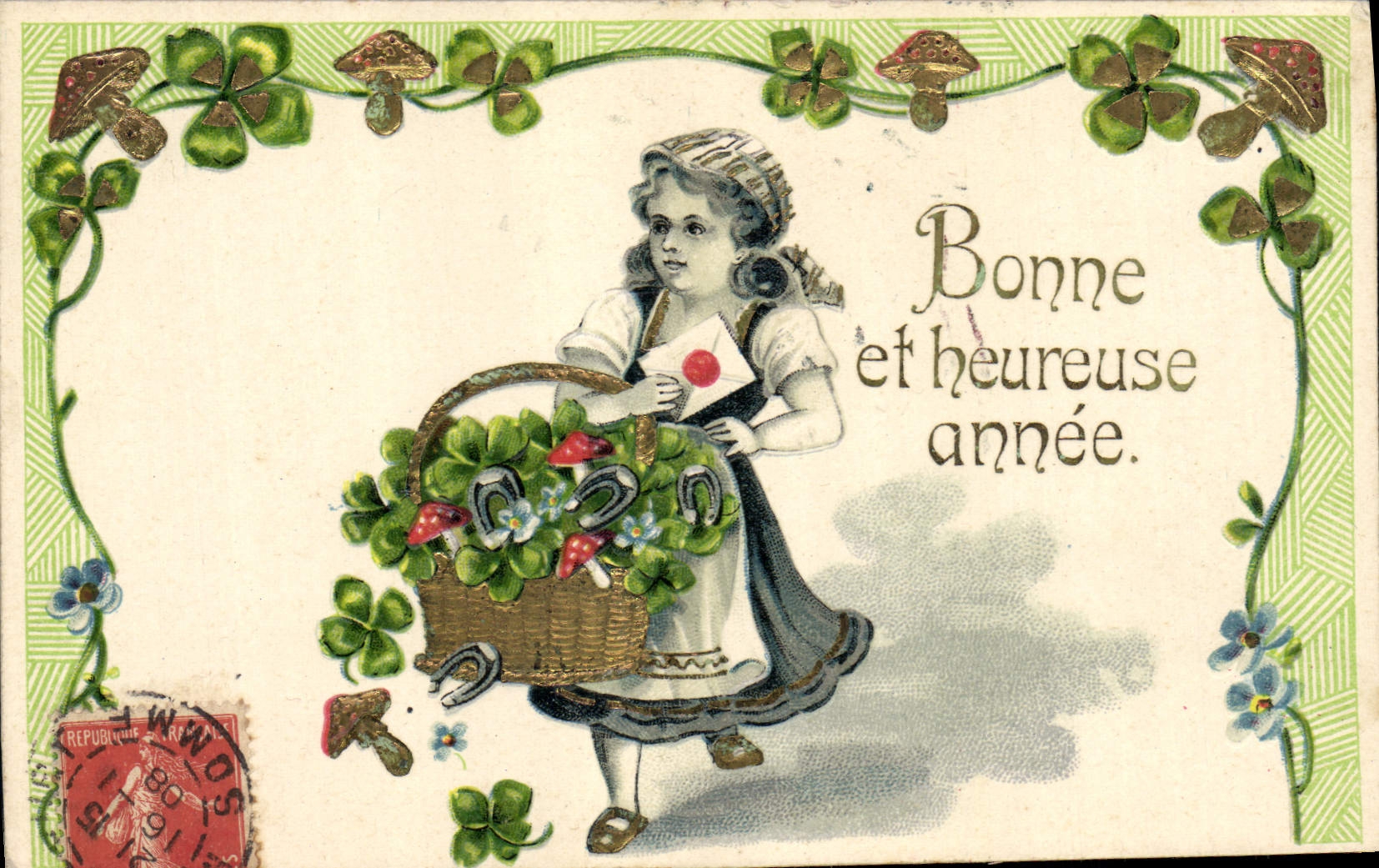 Vintage Postcard Fantasy Flowers Child Clover Mushrooms