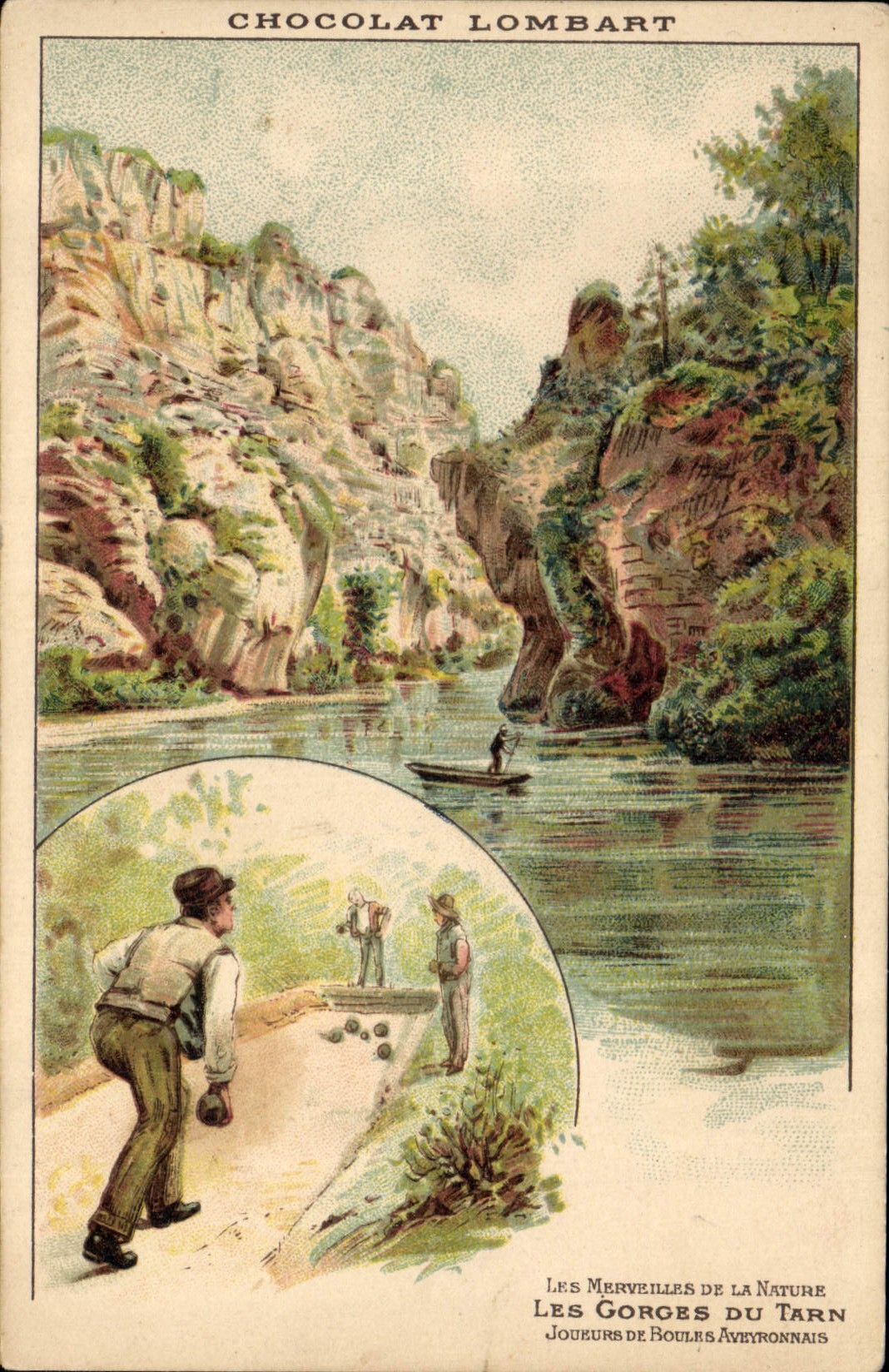 Vintage Postcard Publicity Lombart Chocolate gorges of the Tarn Bowlers Aveyronnais