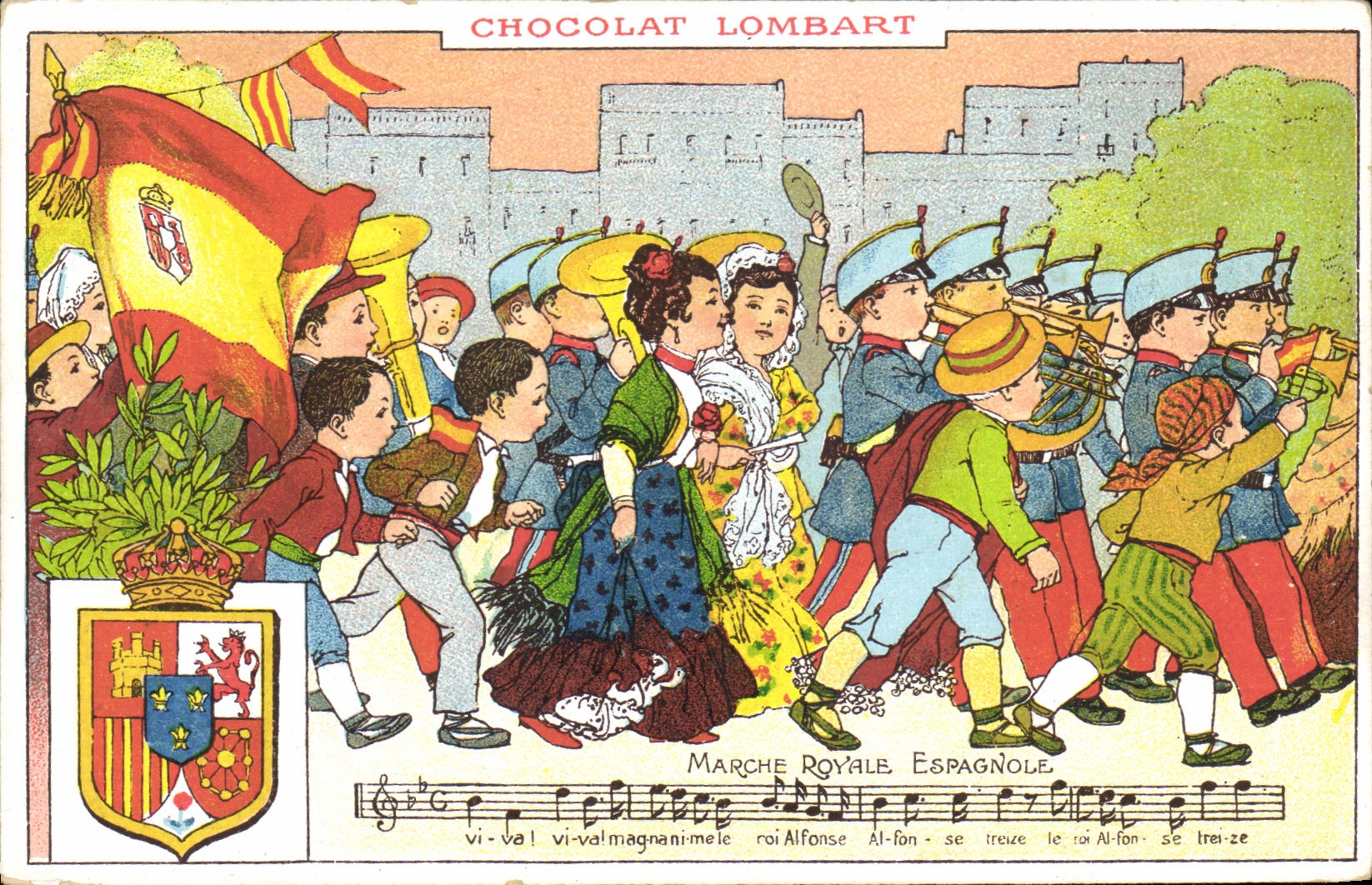 CPA Publicite Chocolat Lombart Marche royale Espagnole Lion Militaria