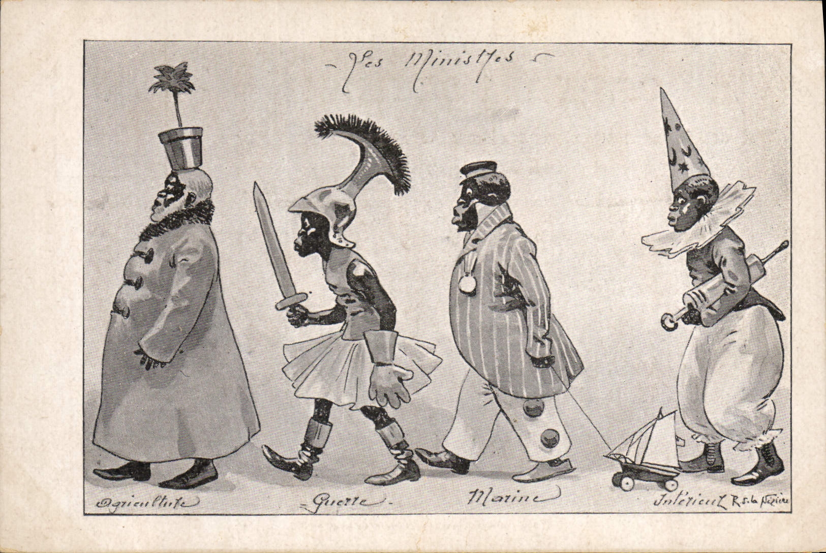 CPA Publicite Les ministres Agriculture Marine Guerre Interieur Negre