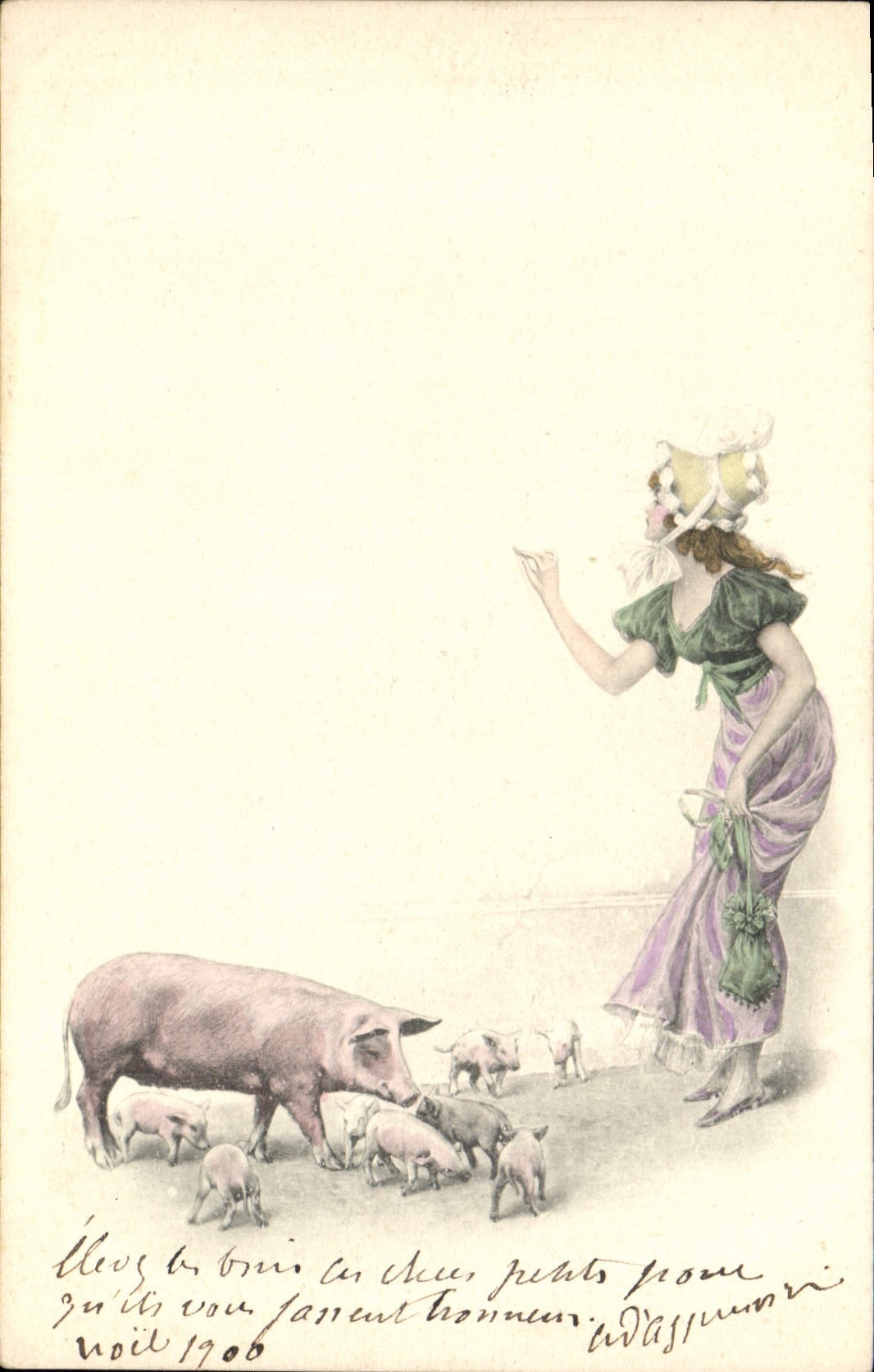 Vintage Postcard Illustrator Fantasy Woman Pig Pig