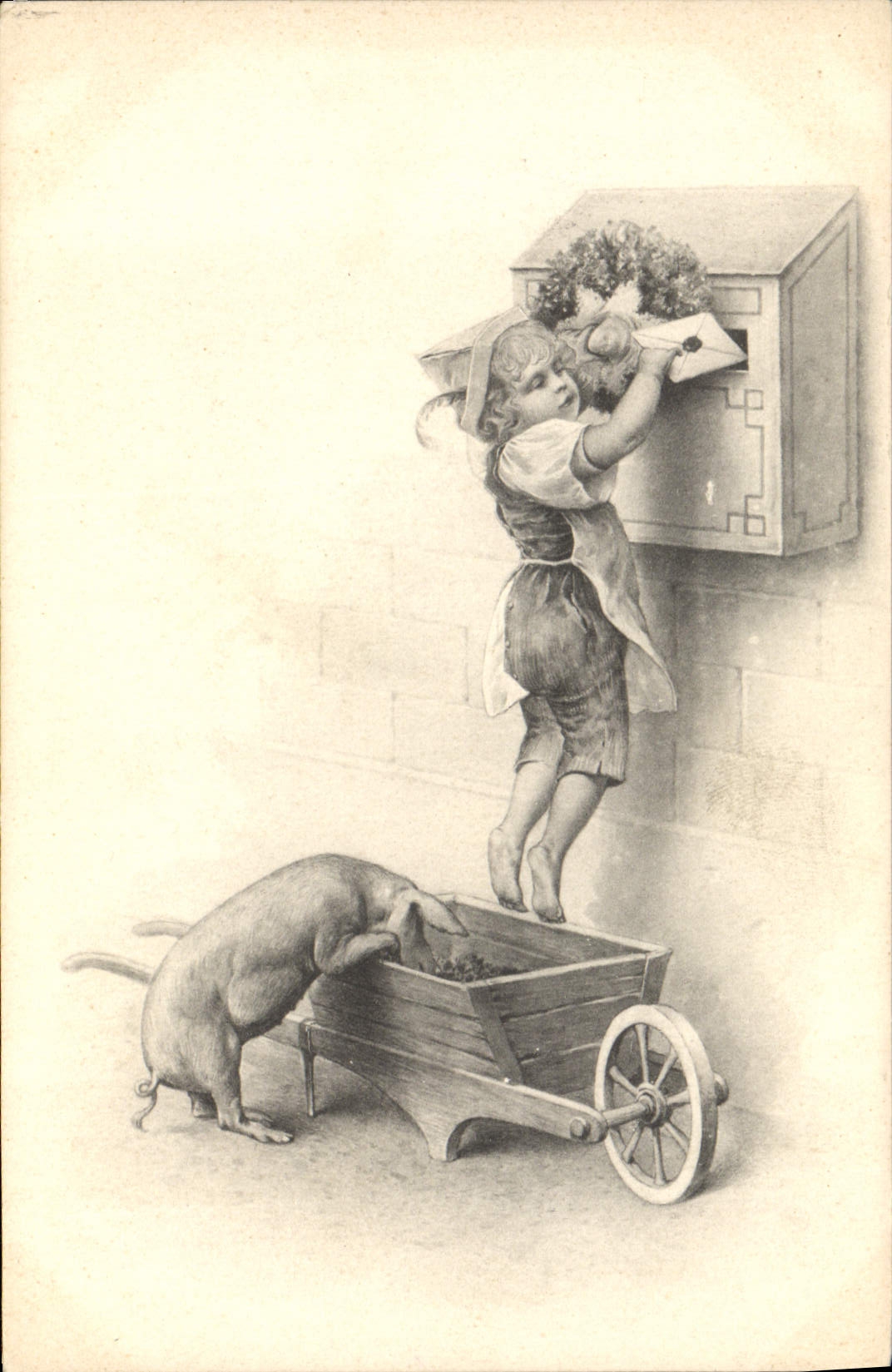 Vintage Postcard Illustrator Fantasy Child Pig Pig