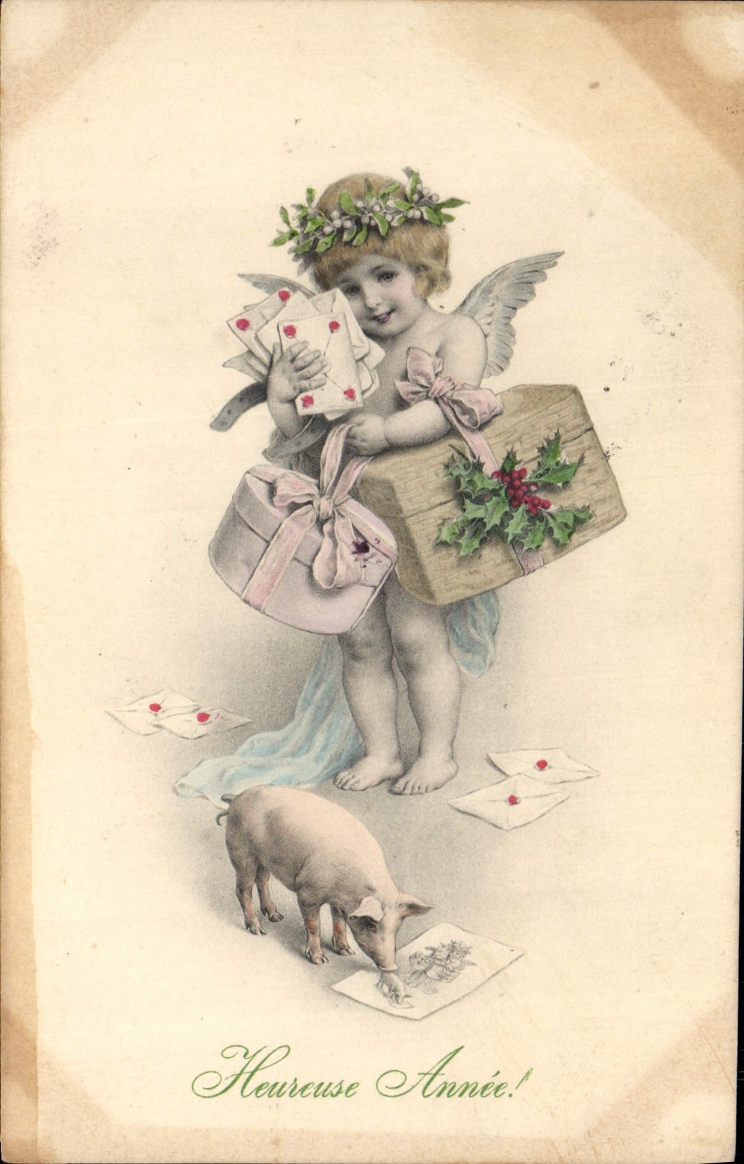 Vintage Postcard Illustrator Fantasy Angel Pig Pig