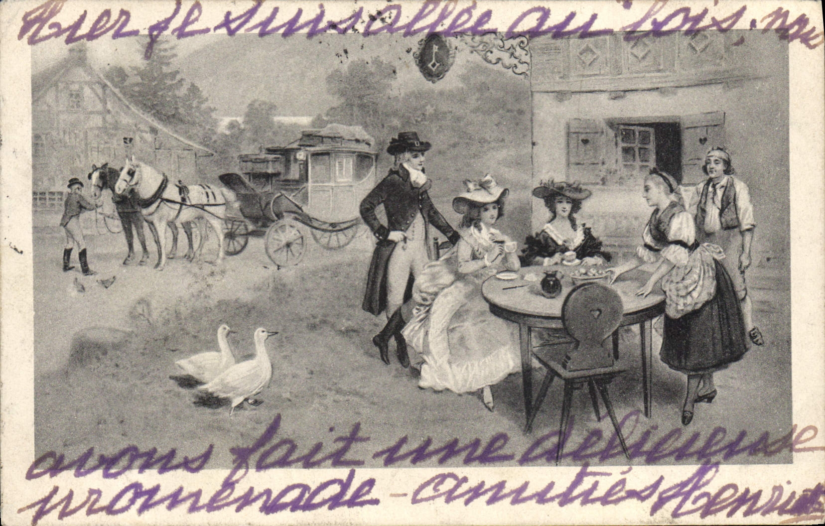 Vintage Postcard Illustrator Fantasy Caleche Women