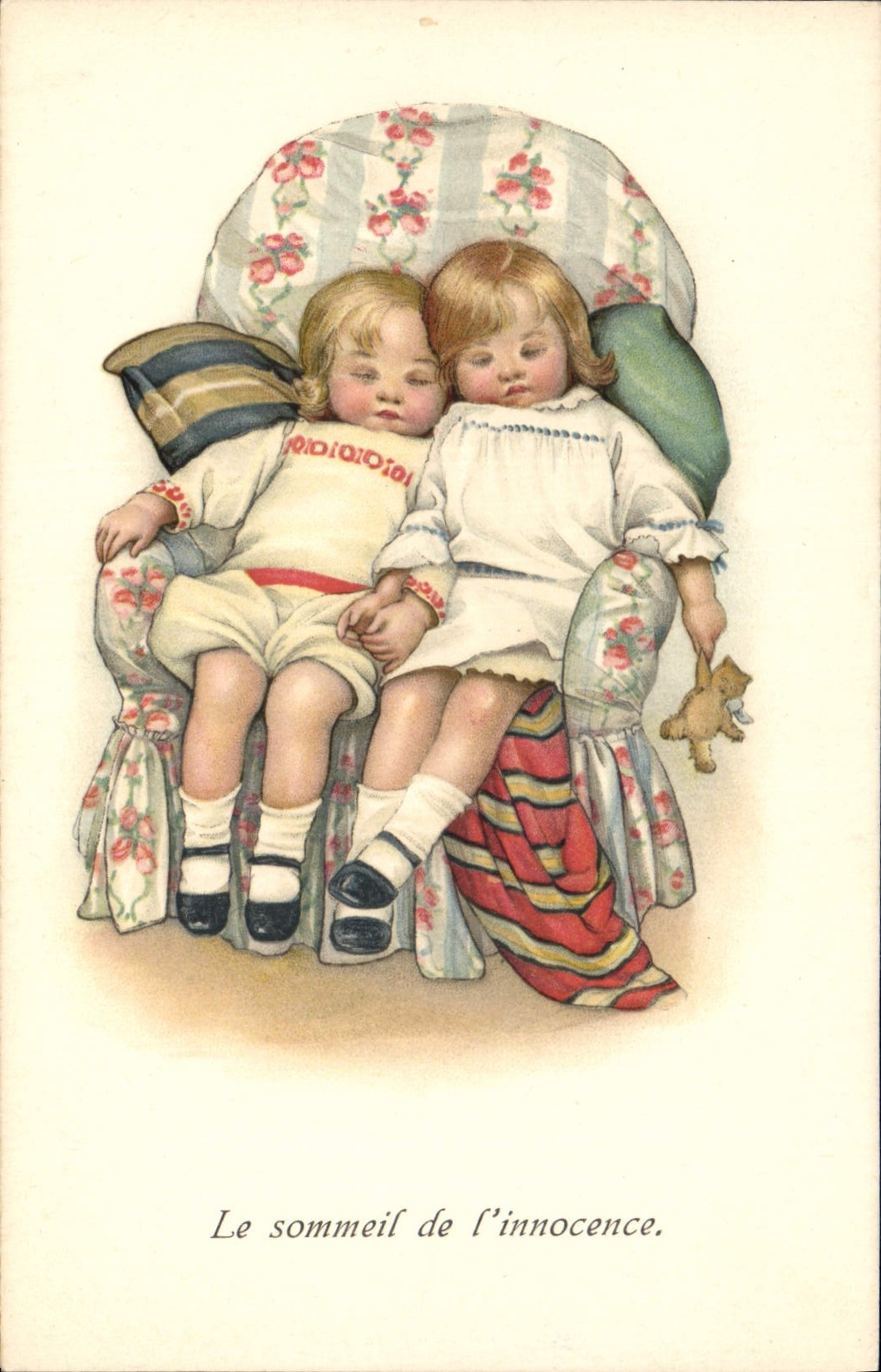 Vintage Postcard Illustrateur Fantasy Children the sleep of Ours innocence Becomes fluffy