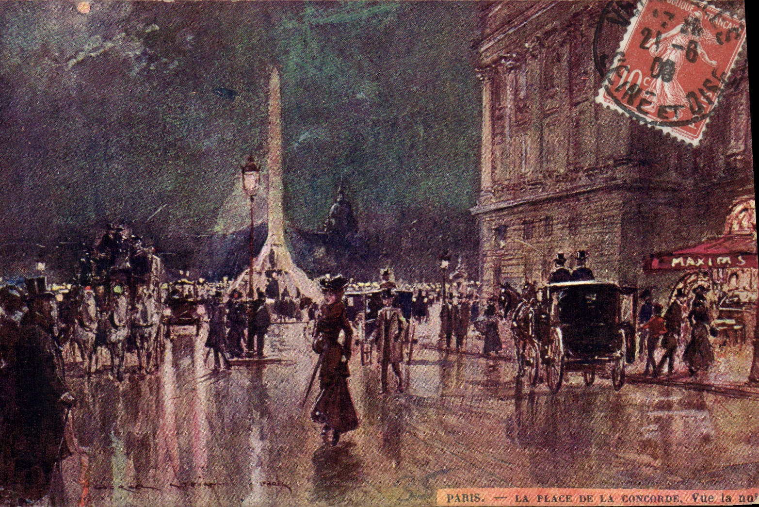 Vintage Postcard Paris Illustrator the Place of the Harmony seen of night