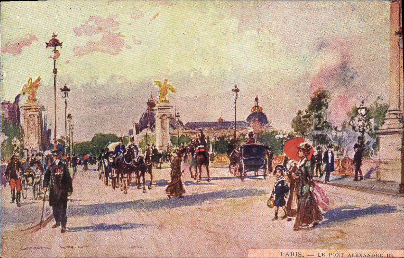 Vintage Postcard Paris Illustrator the bridge Alexander III
