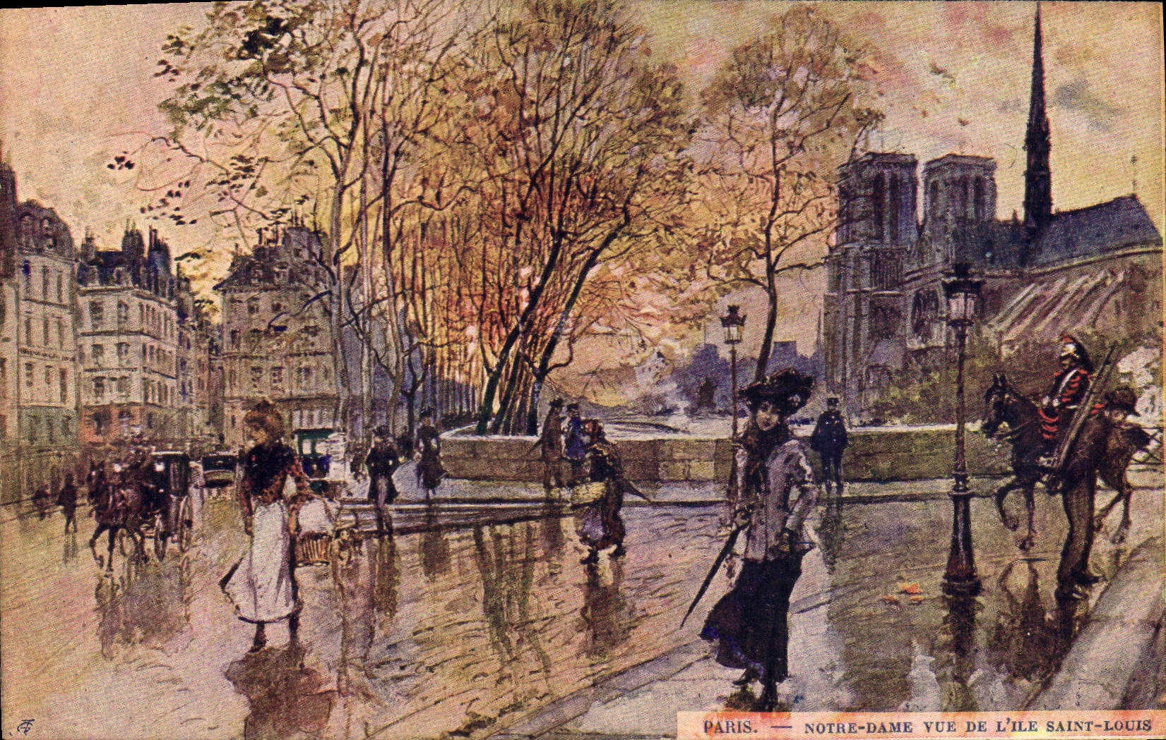 Vintage Postcard Paris Illustrator Notre Dame seen of the Island Saint Louis