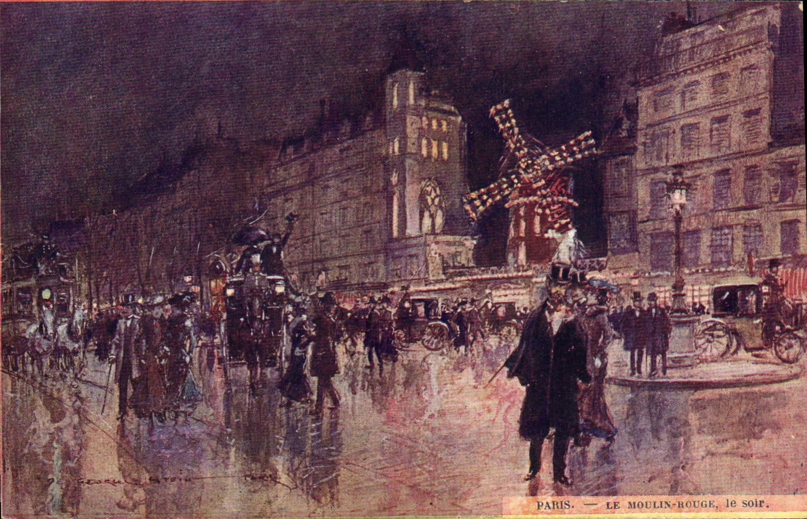 Vintage Postcard Paris Illustrator the Moulin-Rouge the evening