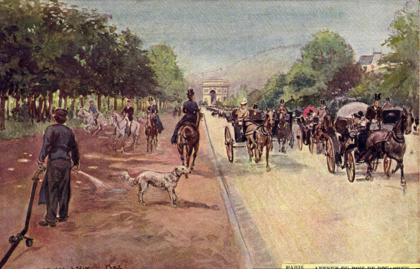 Vintage Postcard Paris Illustrator Avenue of the Wood of Boulogne Triumphal arch Dog