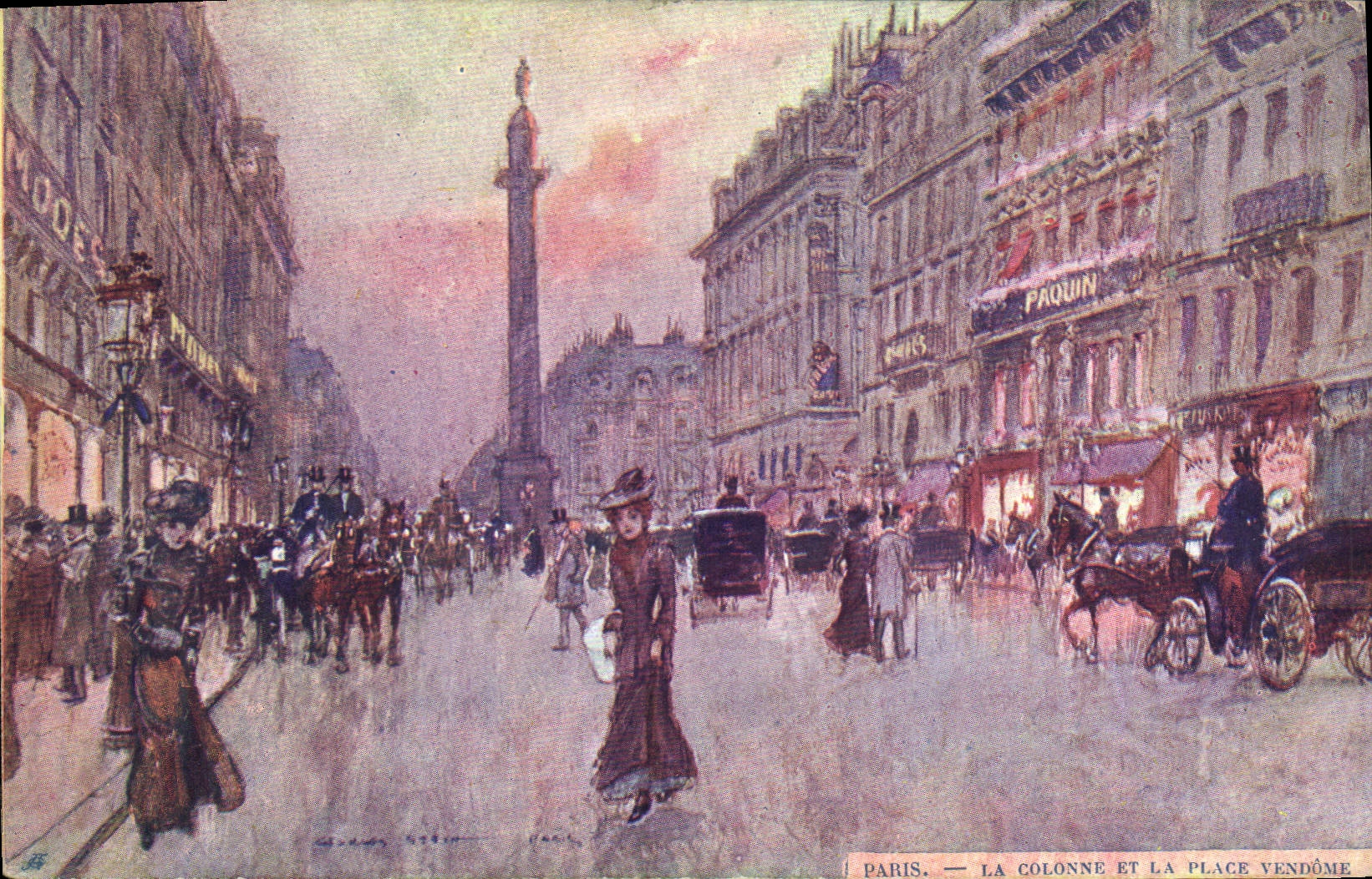 Vintage Postcard Paris Illustrator the column and the Vendome Place