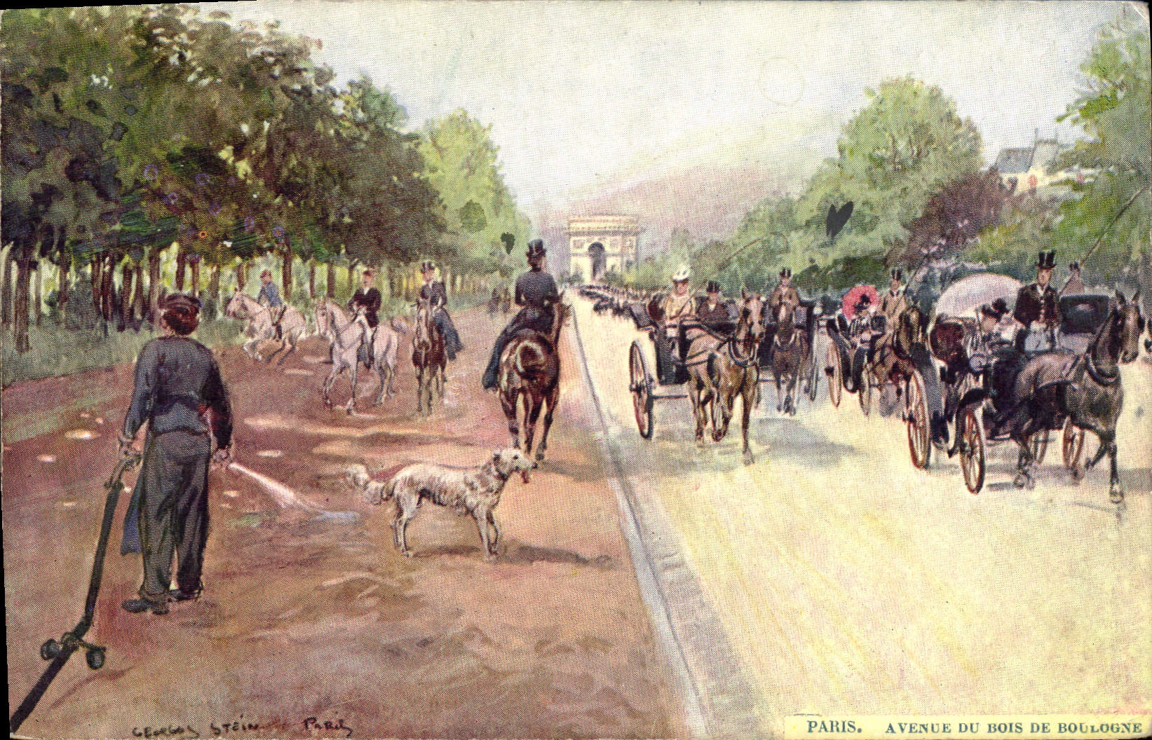 Vintage Postcard Paris Illustrator Avenue of the Bois de Boulogne