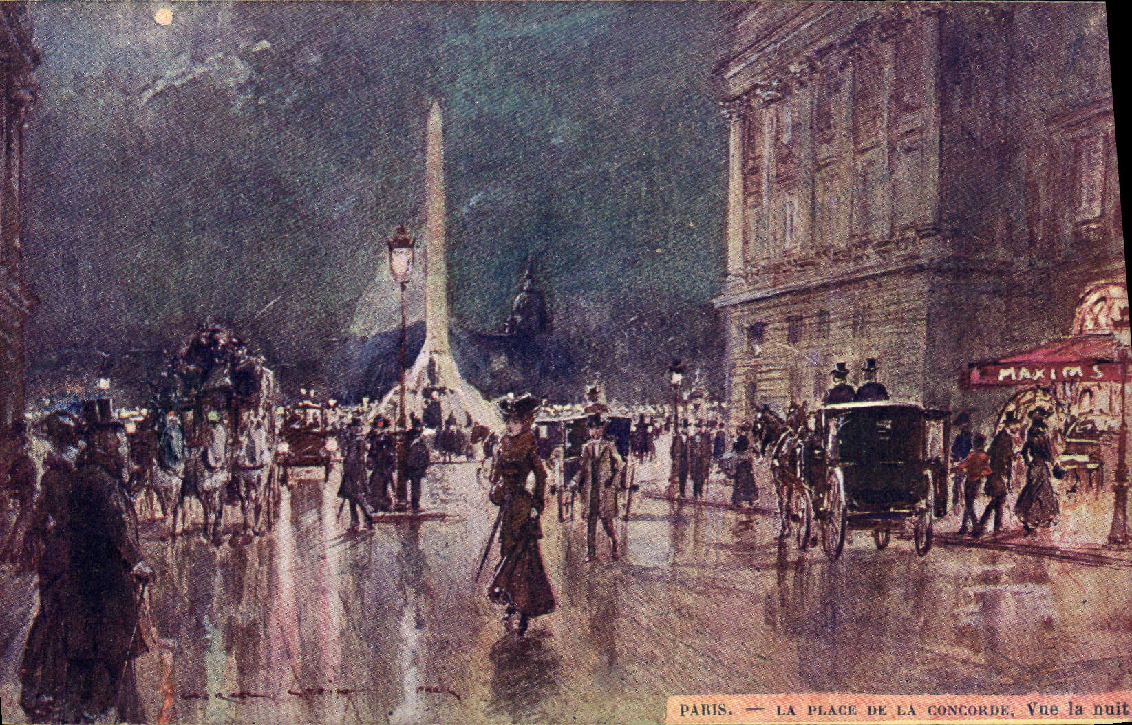 Vintage Postcard Paris Illustrator the place of the Harmony Seen the night