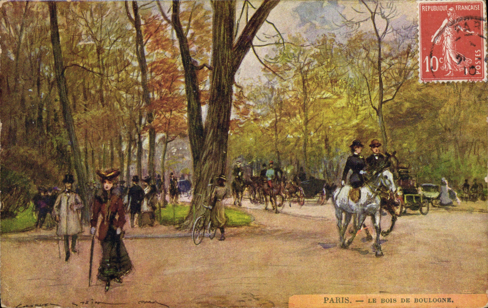 Vintage Postcard Paris Illustrator the Bois de Boulogne