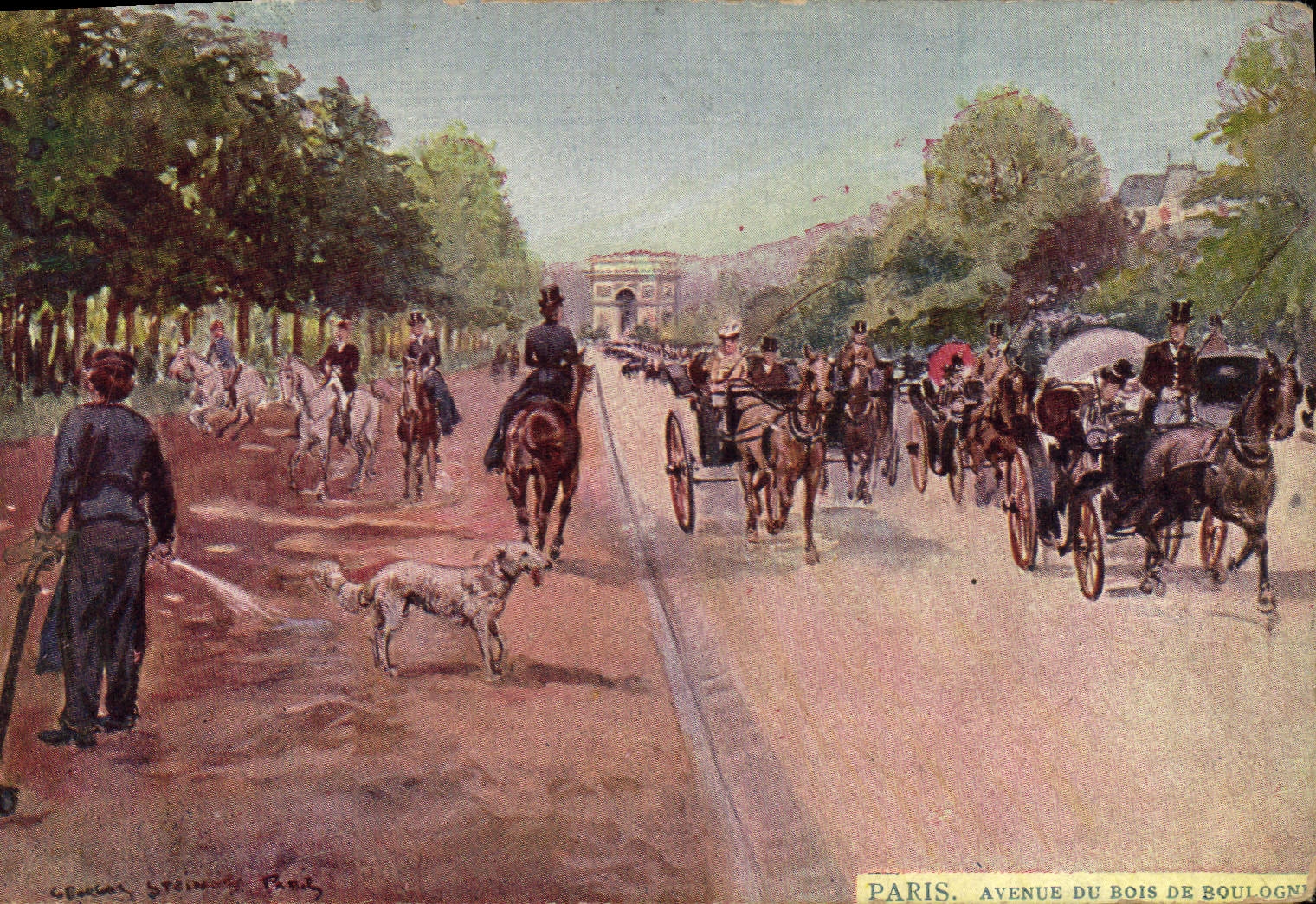 Vintage Postcard Paris Illustrator Avenue of the Bois de Boulogne Dog Triumphal arch