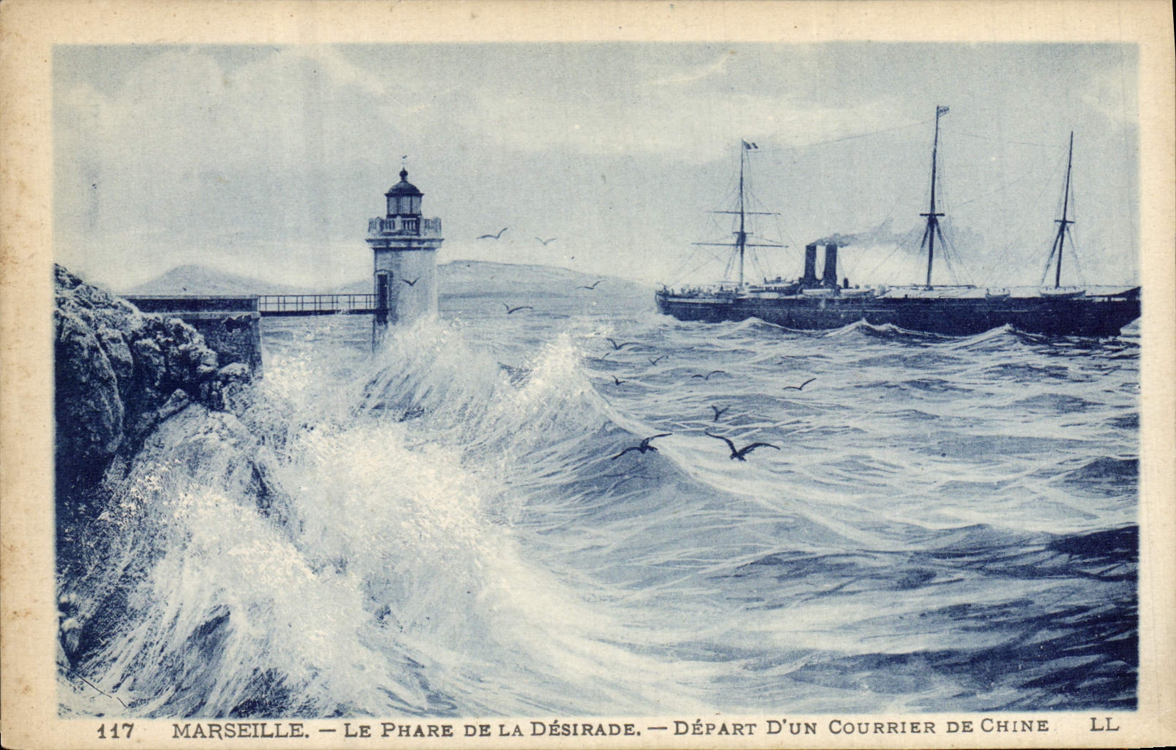 Vintage Postcard Marseilles Headlight the headlight of Desirade Departure of a mail of China Boat