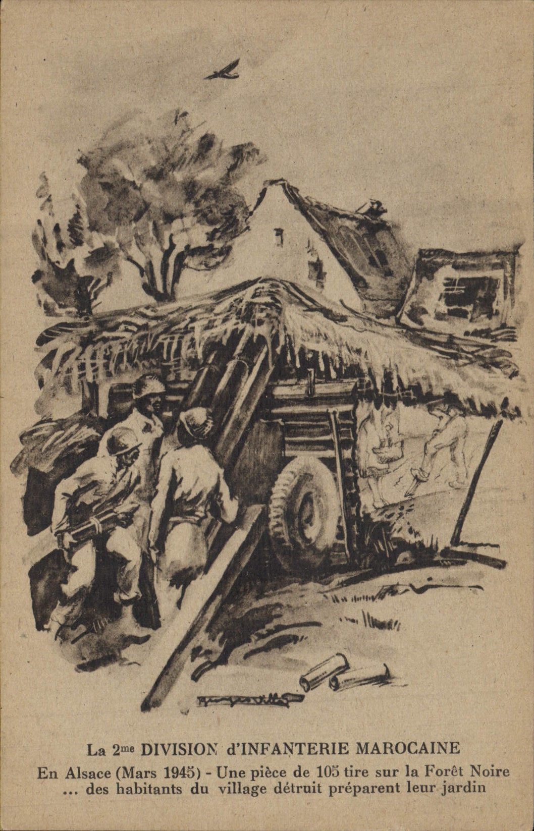 Postal Militaria la 2.o división de infantería marroquí Alsacia Marzo de 1945 una parte de 105 carro sobre el Taladro Negro Marruecos