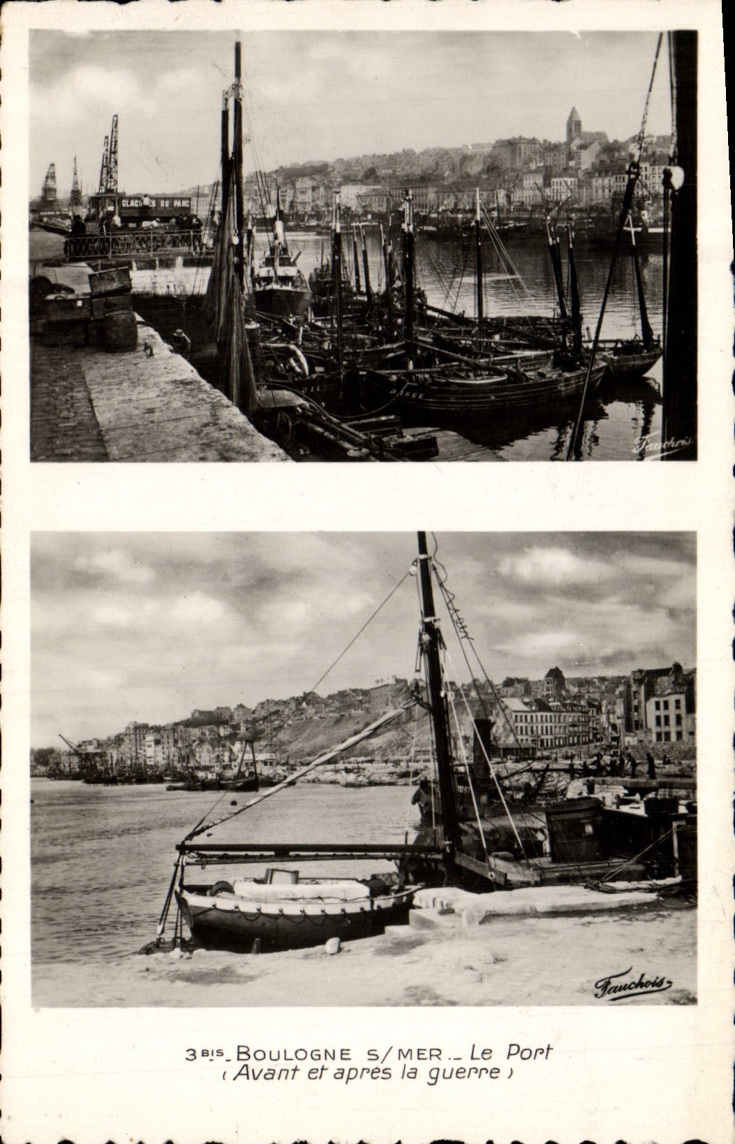 Postal Militaria Boulogne sobre Mar el puerto antes y después de la guerra Barcos