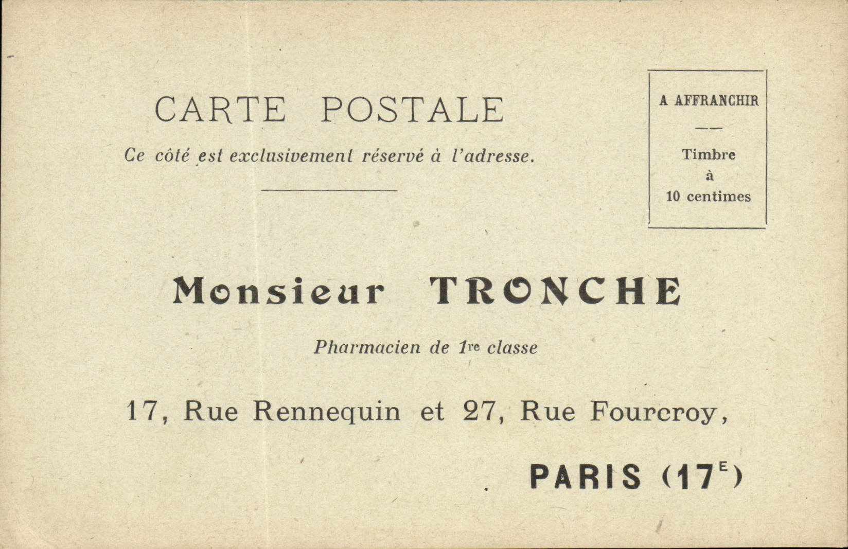 Vintage Postcard Publicity Mr Tronche Pharmacist Street Rennequin Street Fourcoy Paris 17th