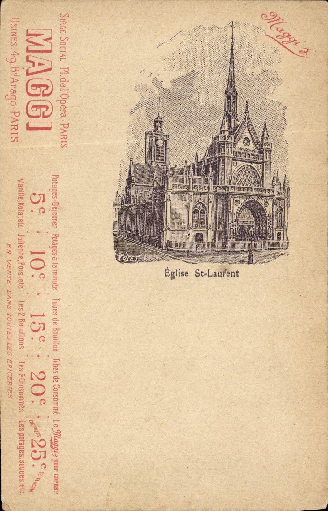 Postal Publicidad Maggi Iglesia St Laurent París Bd Arago
