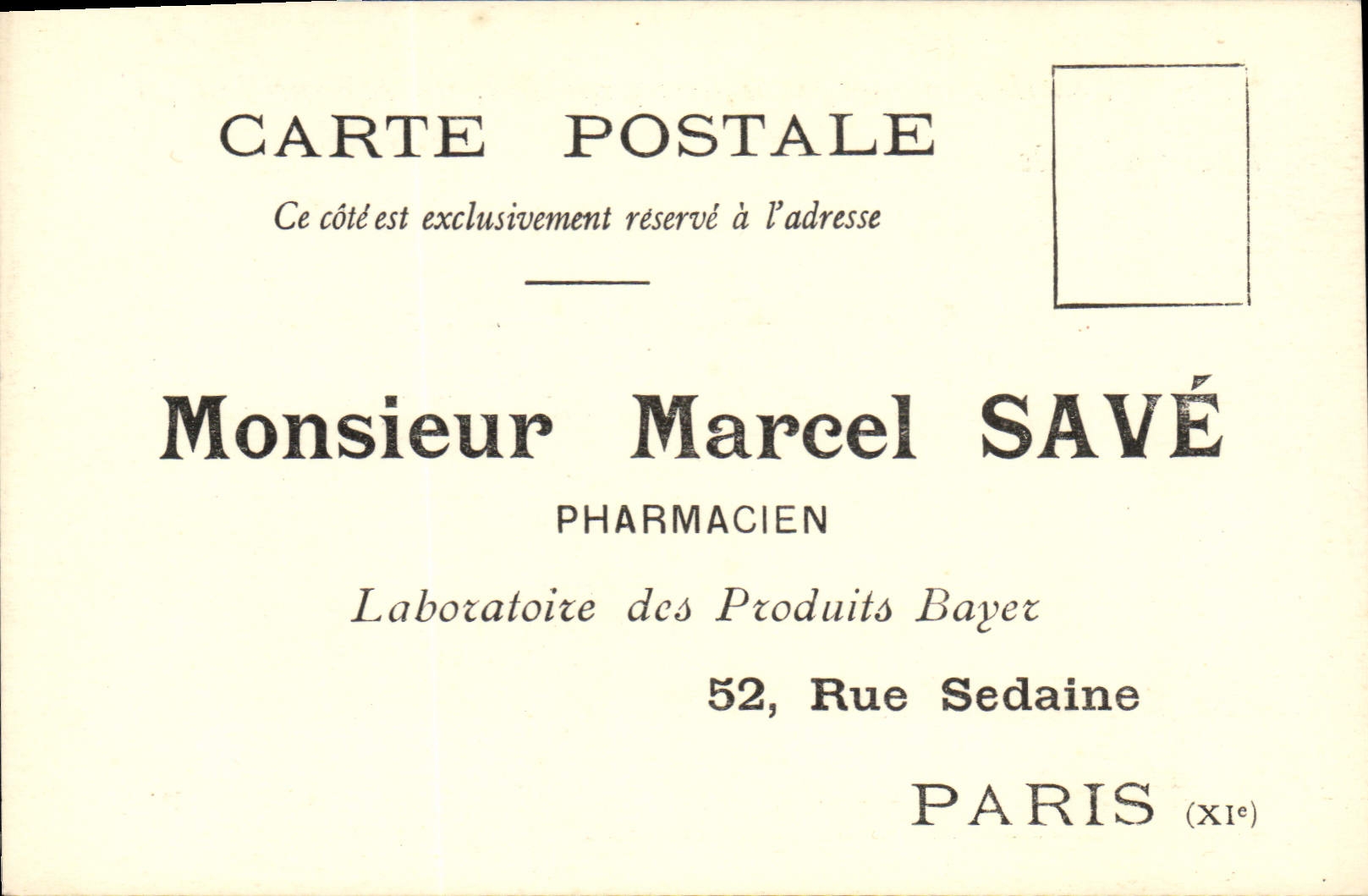 Postal Publicidad Marcel Save Pharmacien Laboratorio de los Productos 11.o Bayer Rue Sedaine París