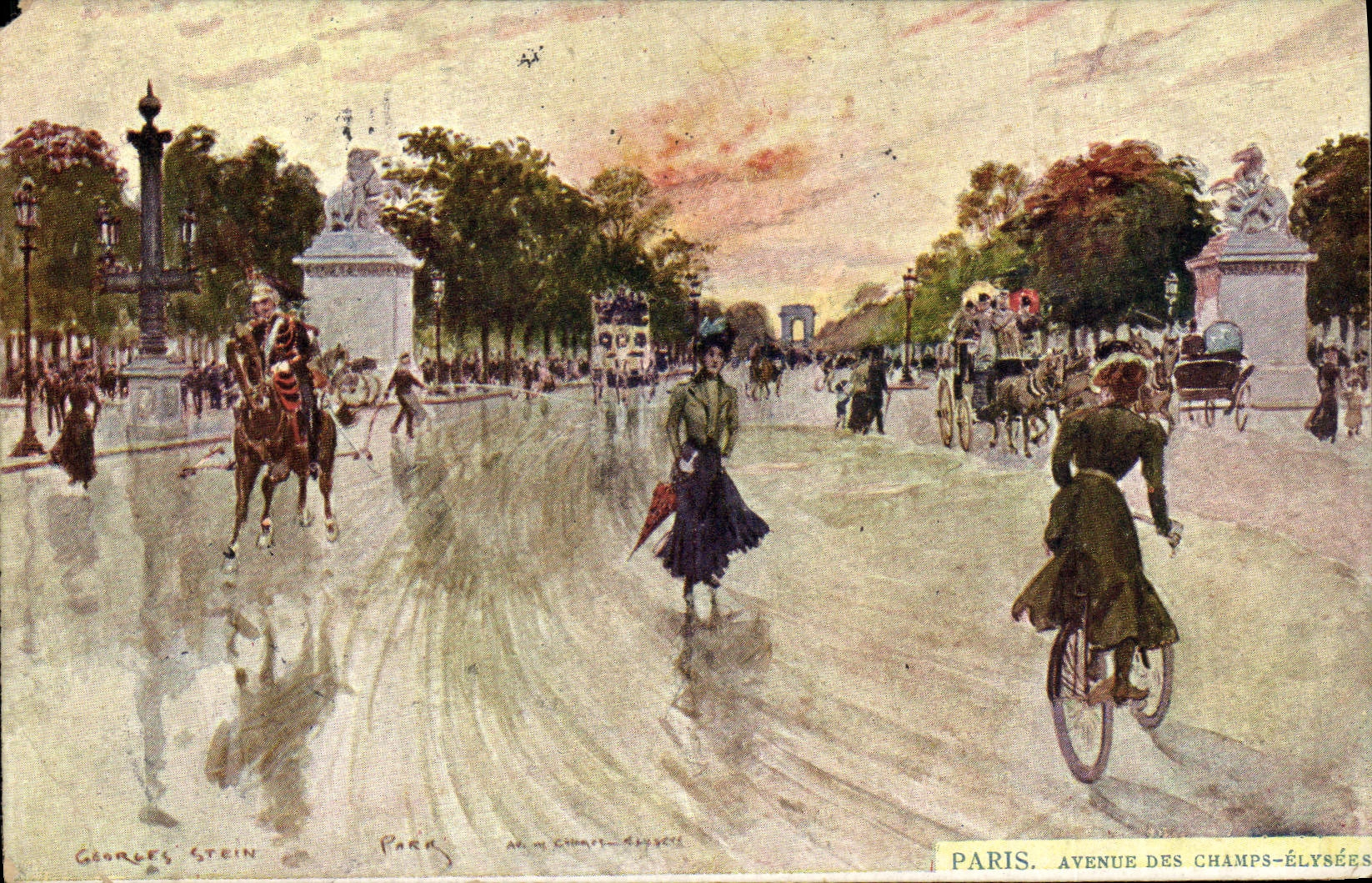CPA Paris Illustrateur Avenue des champs Elysees Velo Cycle