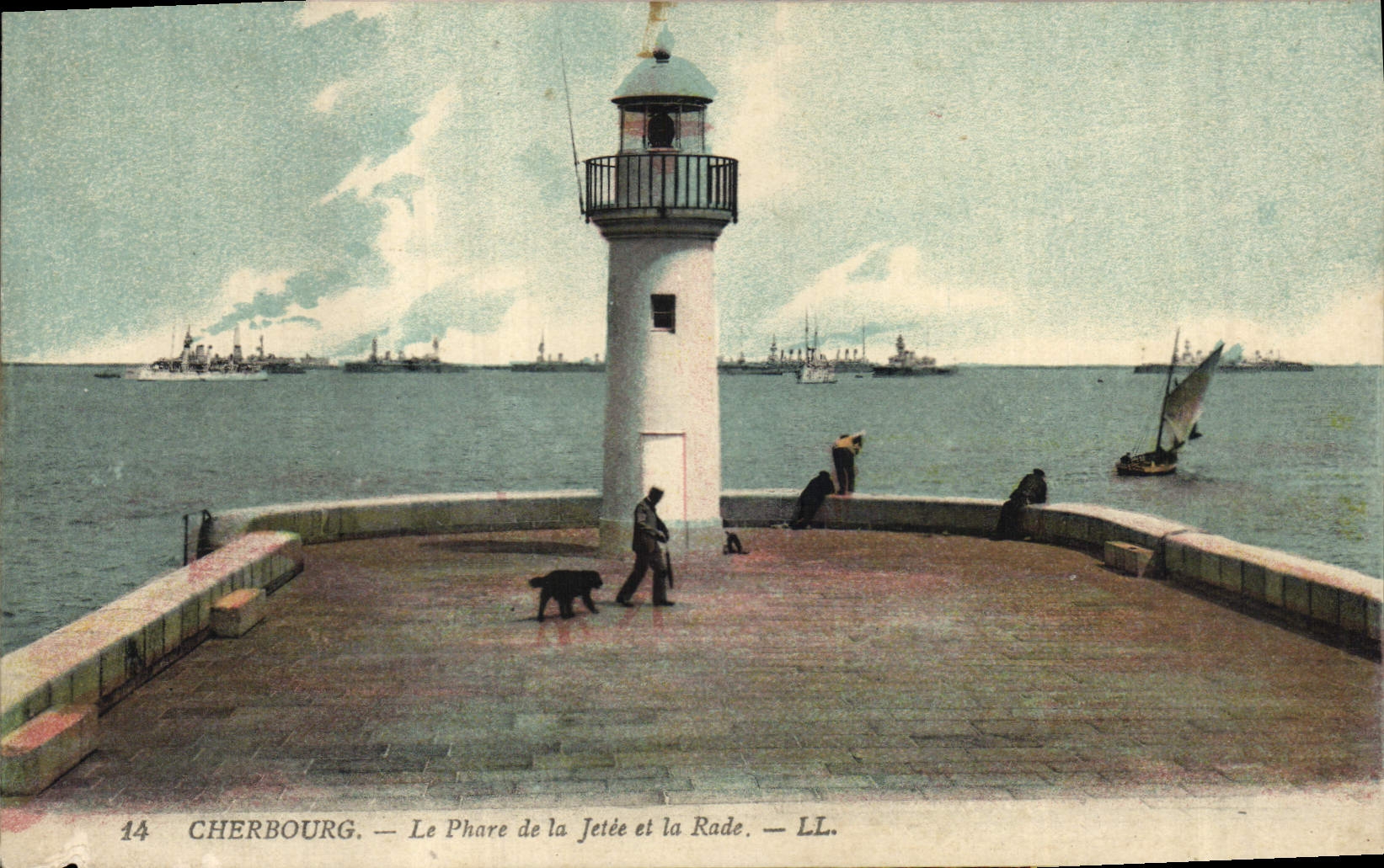Vintage Postcard Cherbourg Headlight the headlight of the pier and the roads Boats