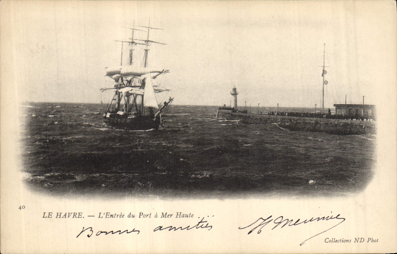 Vintage Postcard Phare Le Havre the entry of the port has high sea Sailing Boat