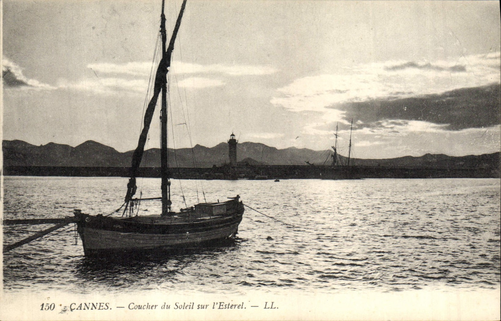 Vintage Postcard Headlight Cannes Sunset on Esterel Boats