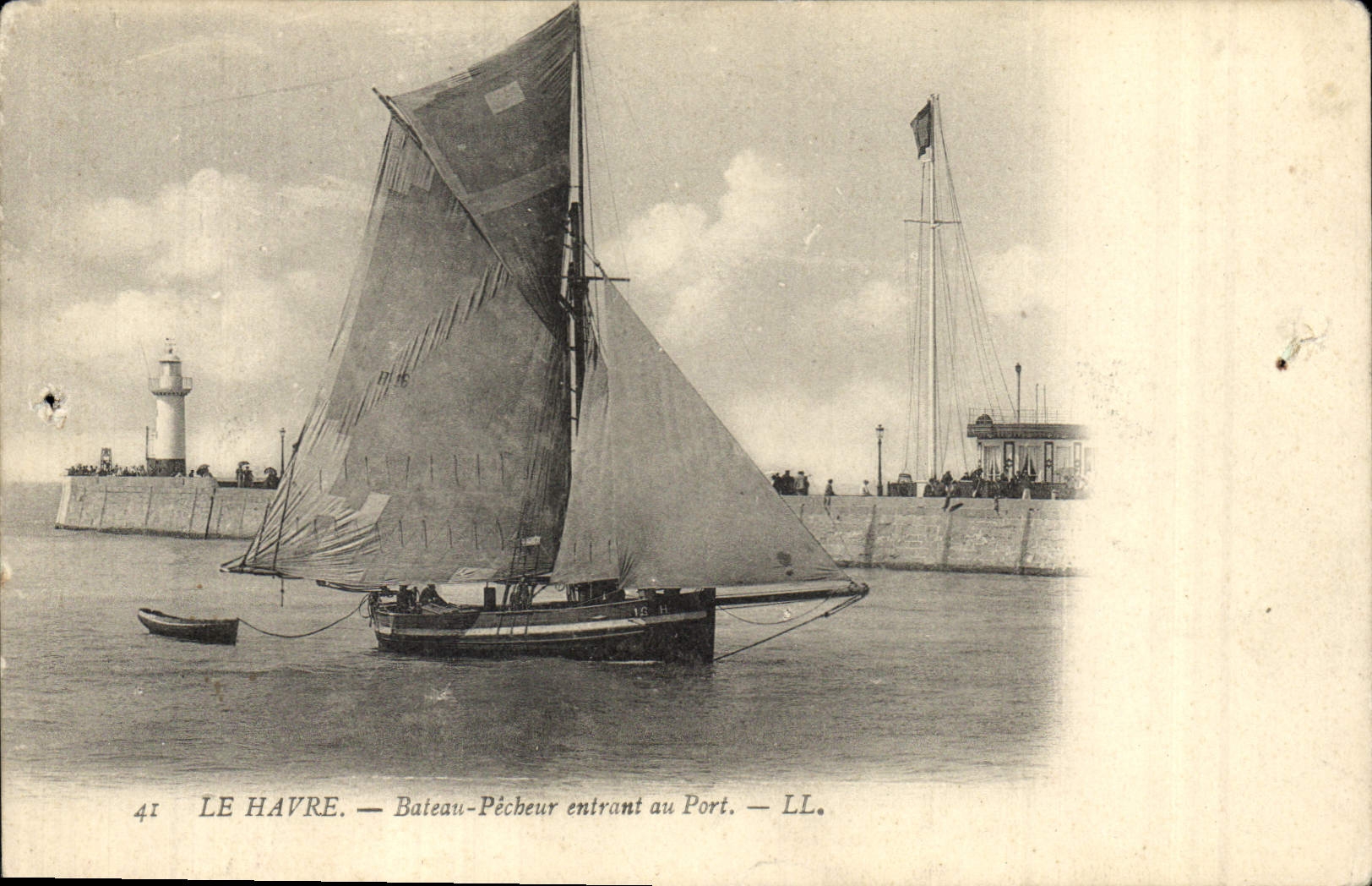 Vintage Postcard Headlight Le Havre Sinning Boat entering to the port