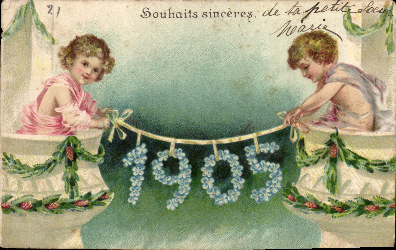 Postal Fantasia Flores Niños Año 1905