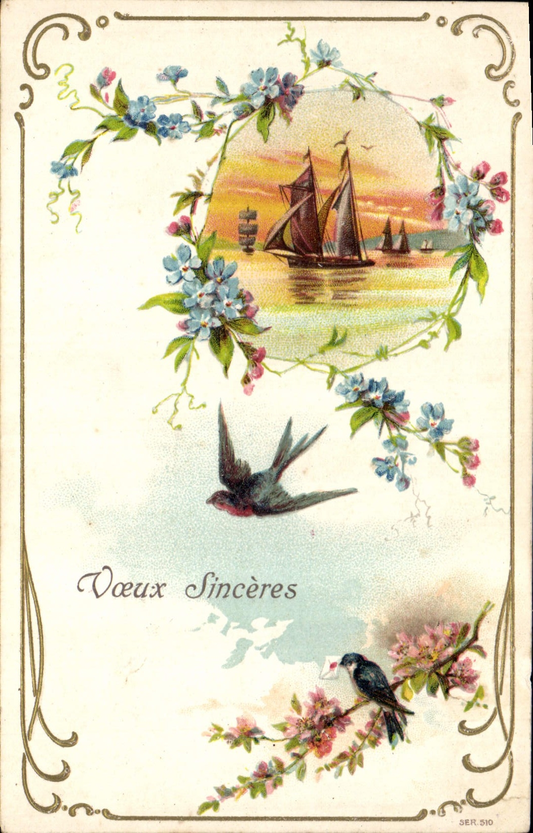 Postal Fantasia Flores Pájaros Barco