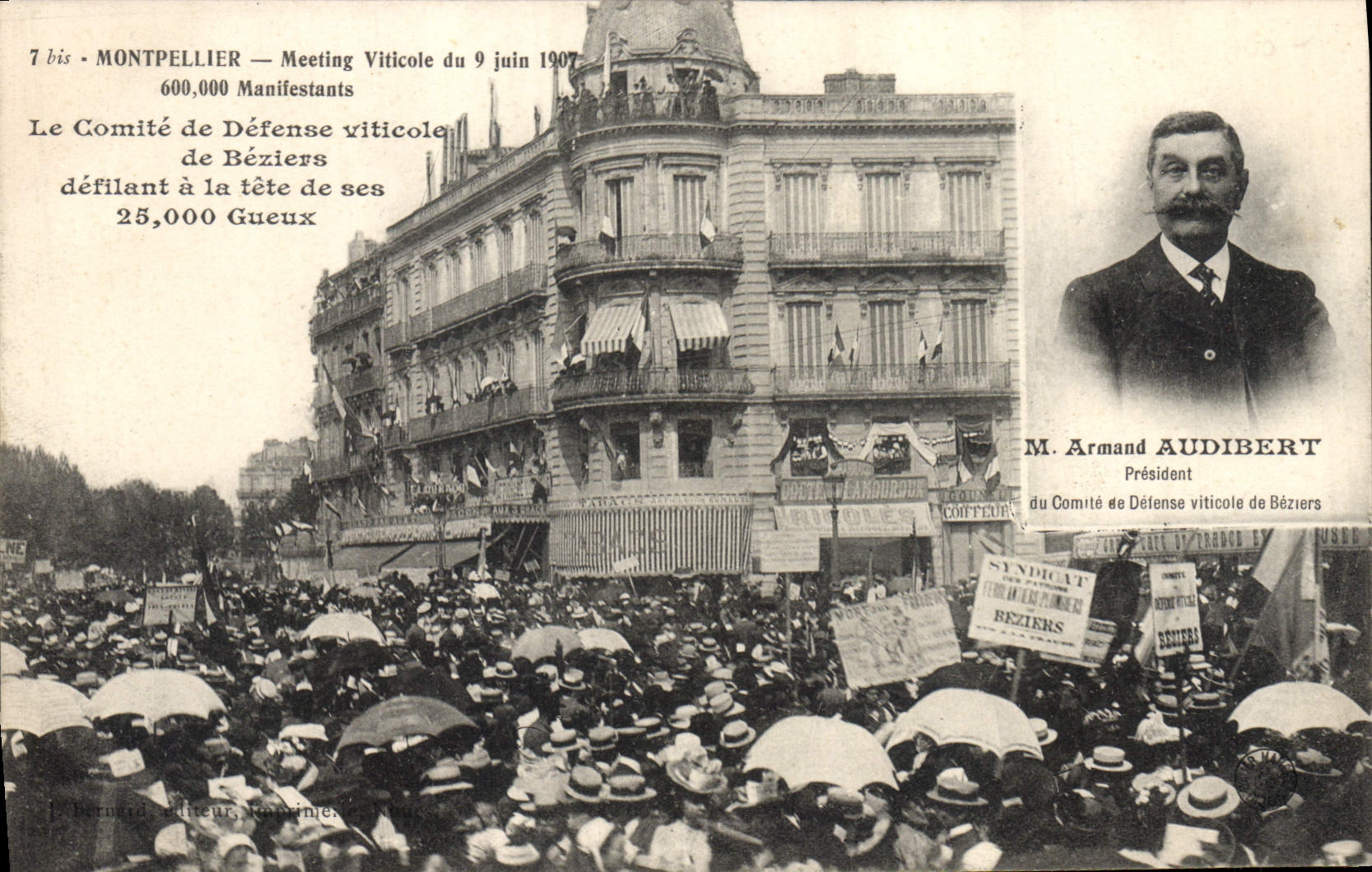 Vintage Postcard Vin Grape harvest wine Montpellier Meeting of June 9th, 1907 the wine defense committee of ravelling Beziers has the head of 25000 beggars Armand Audibert SIGNAL