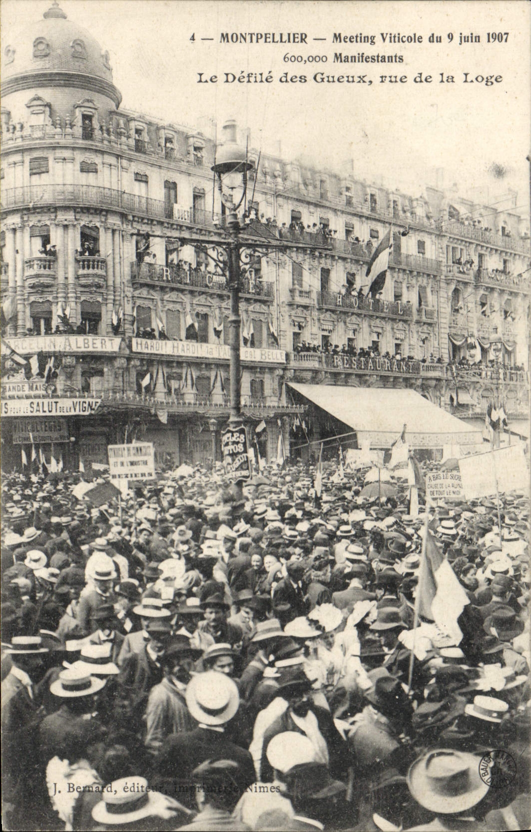 Vintage Postcard Wine Grape harvest wine Montpellier Meeting of June 9th, 1907 the procession of the beggars street of the Cabin SIGNAL