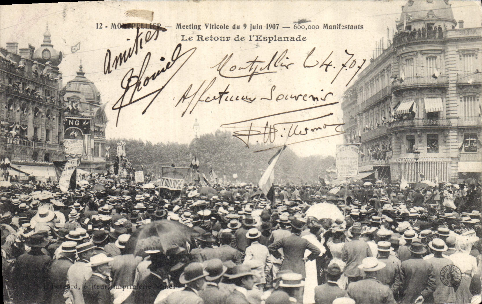 Postal Vino Vendimias Montpellier Reunión vitícola del 9 de junio de 1907 la vuelta de la explanada CUMBRE