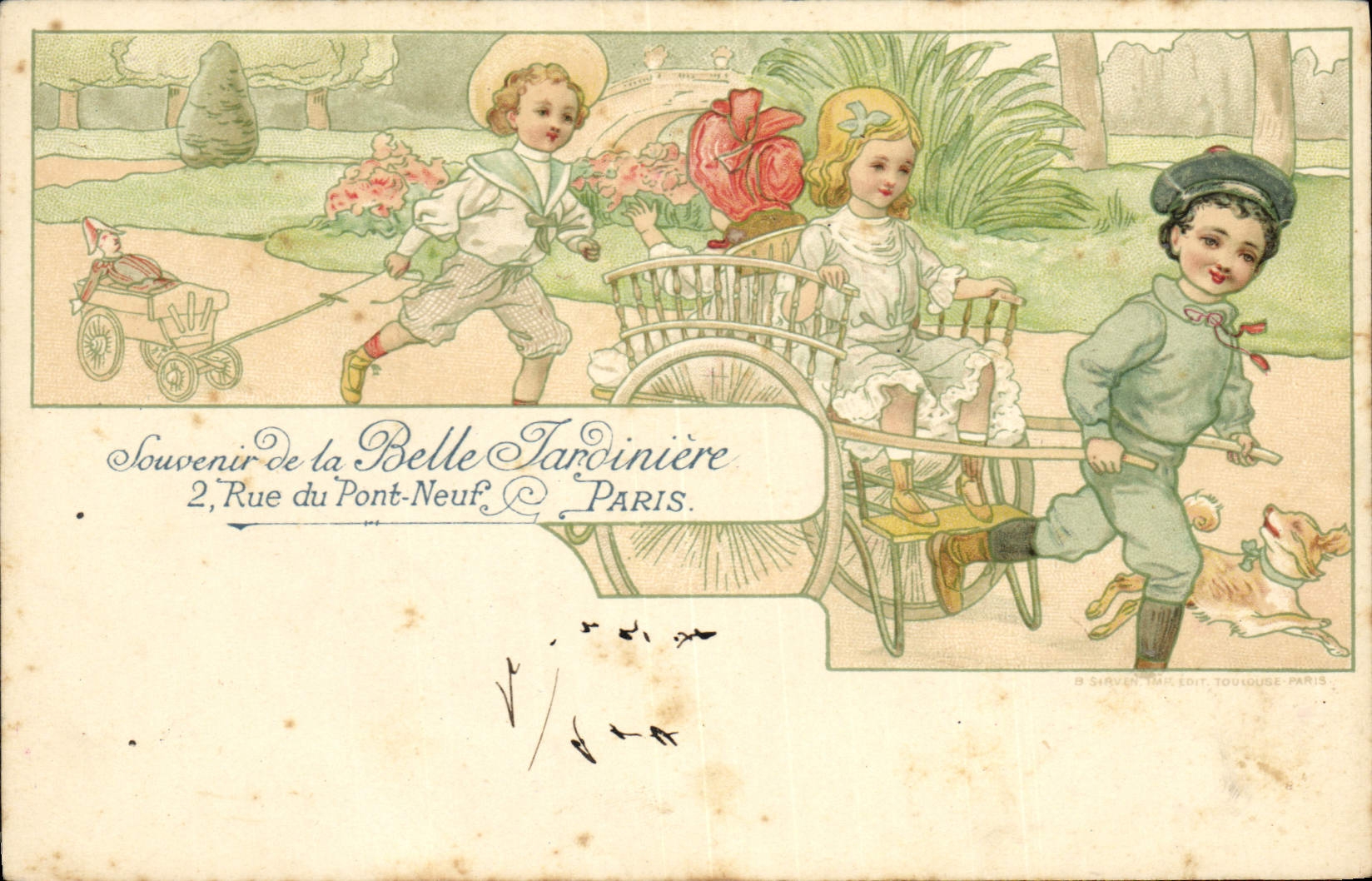 Vintage Postcard Beautiful Publicity Garden Paris Street of the Bridge Nine Paris Children