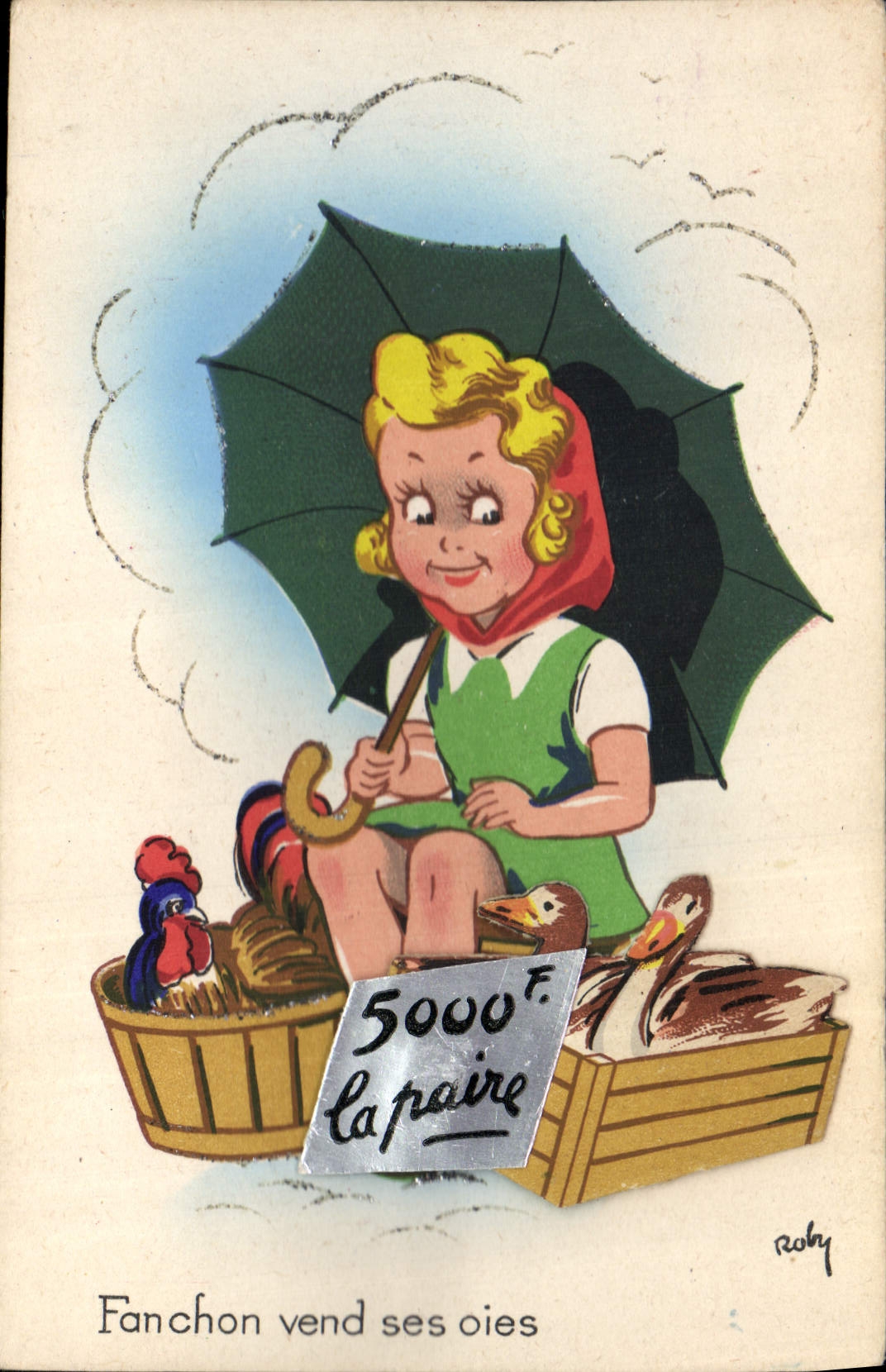 Vintage Postcard Fantaisie Fauchon Child sells his geese Poule Ducks