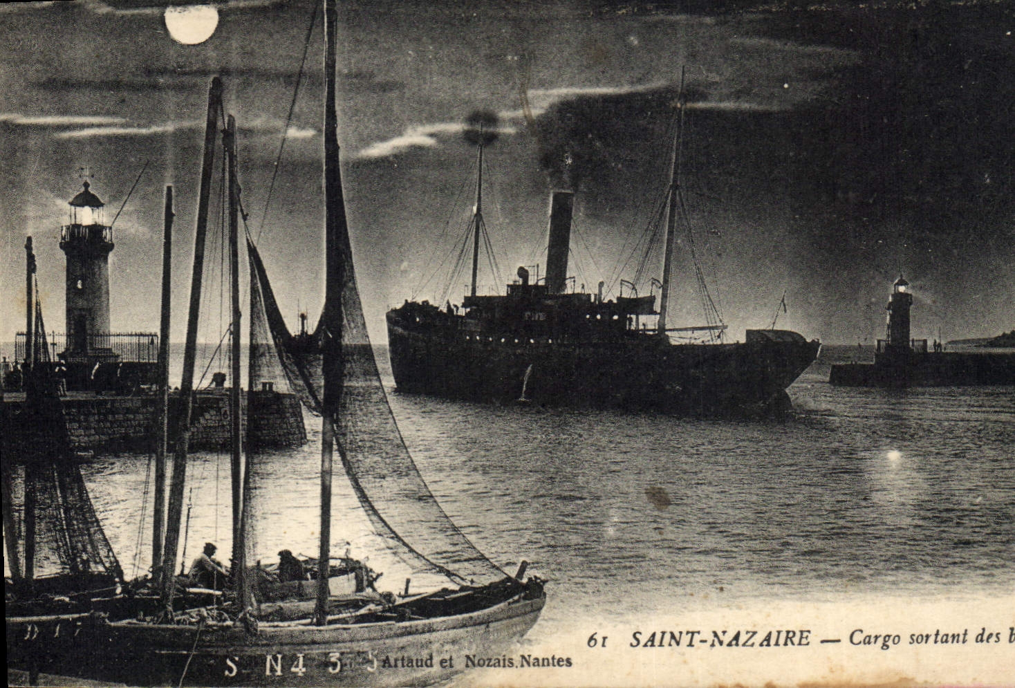 Vintage Postcard Headlight Saint Nazaire outgoing Cargo liner of the basins Boat