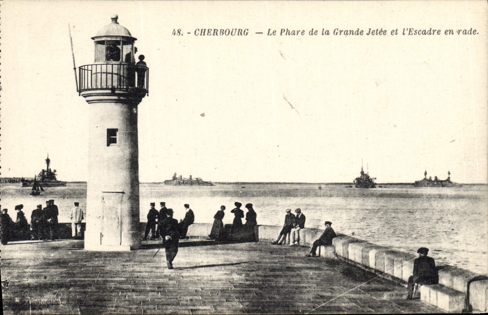 Vintage Postcard Cherbourg Headlight the headlight of the large pier and the squadron splits Bateaux of them