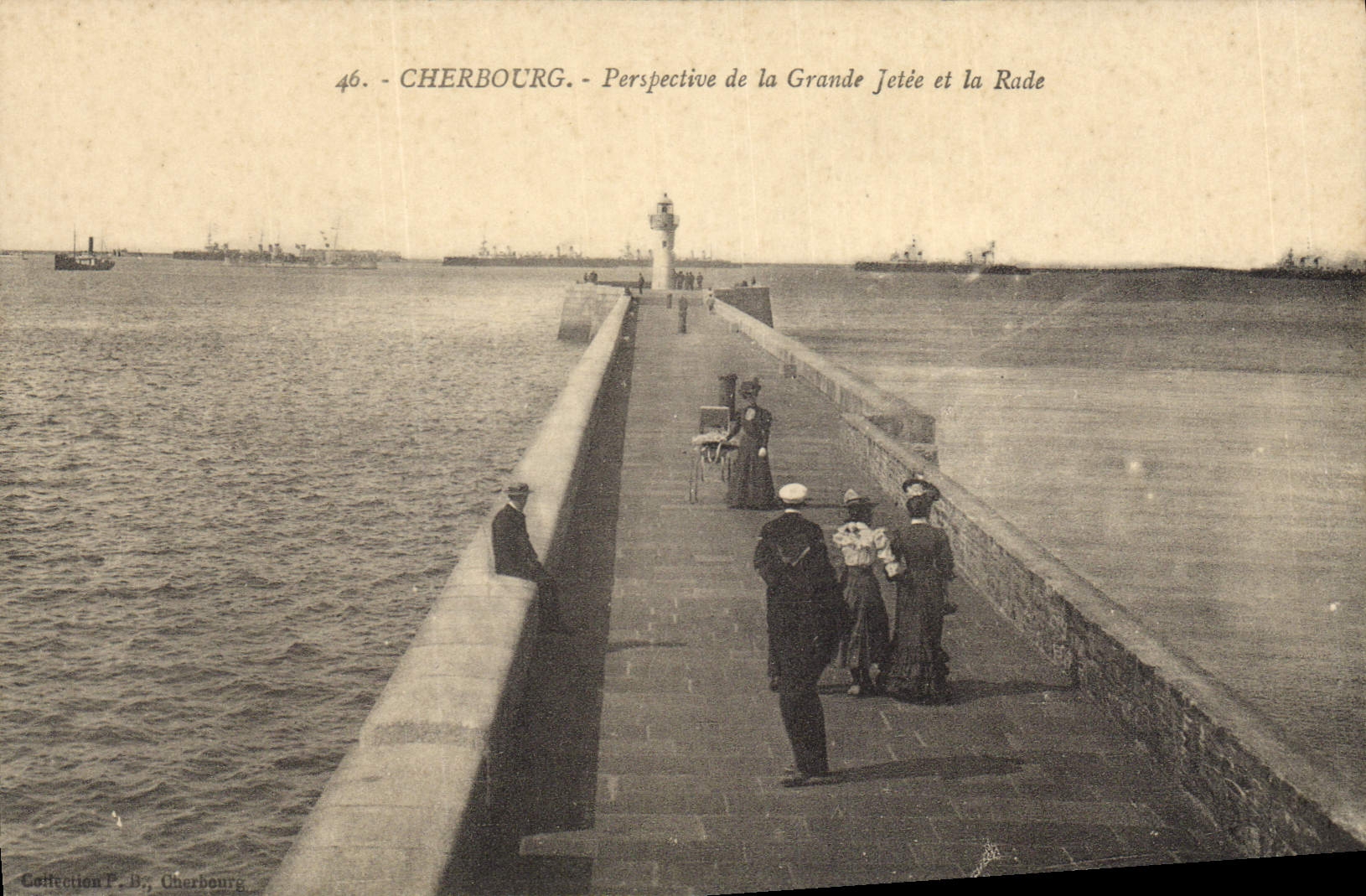 Vintage Postcard Headlight Cherbourg Perpective of the large pier of the roads Boats