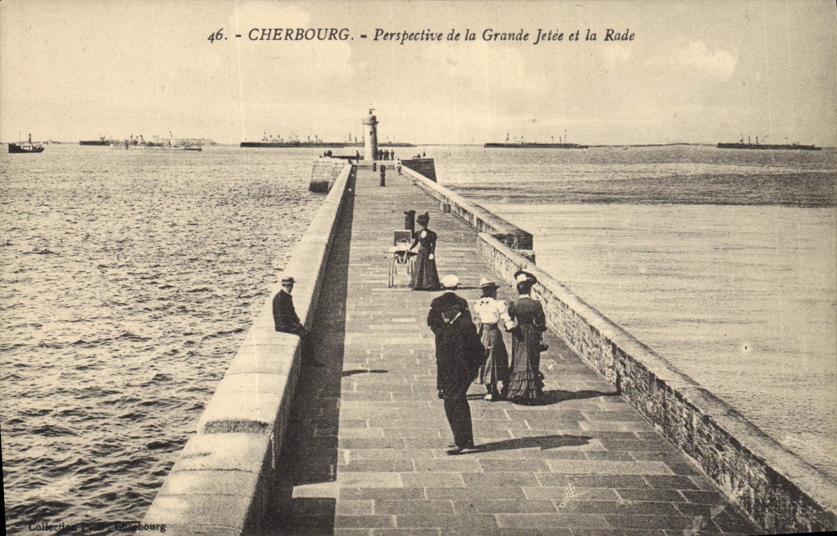 Vintage Postcard Headlight Cherbourg Perspective for the large pier and the roads Boats