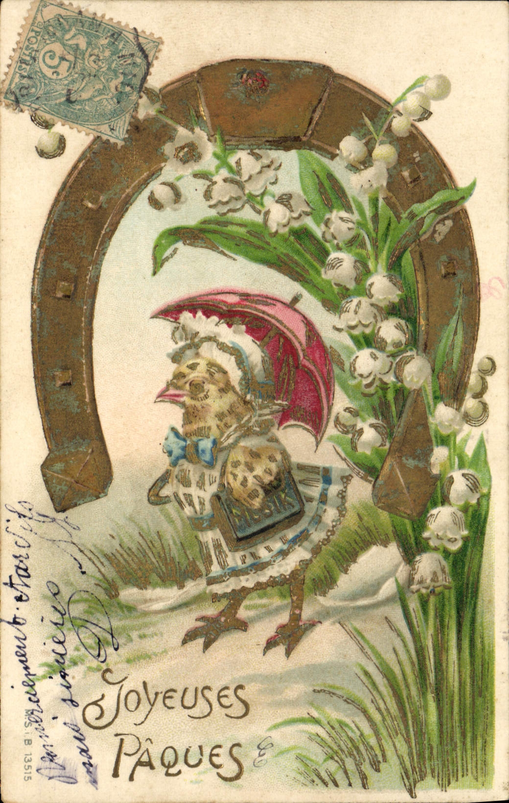 CPA Fantaisie Fleurs Poussin Fer a cheval Muguet