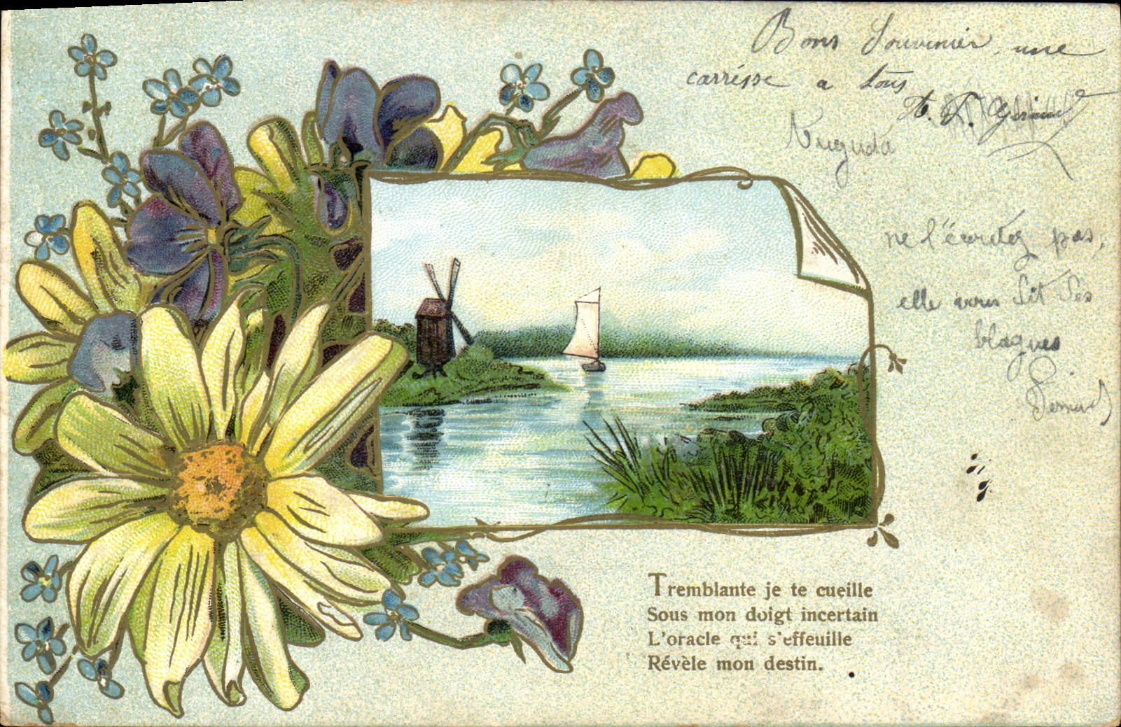 CPA Fantaisie Fleurs Moulin a vent