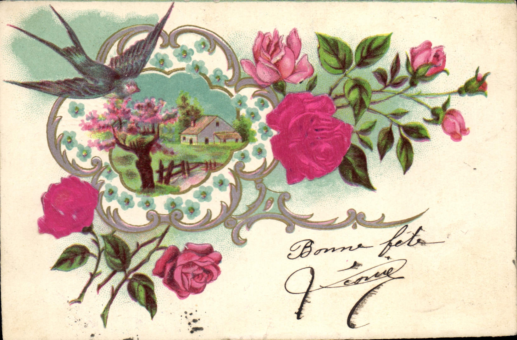 CPA Fantaisie Fleurs Hirondelle