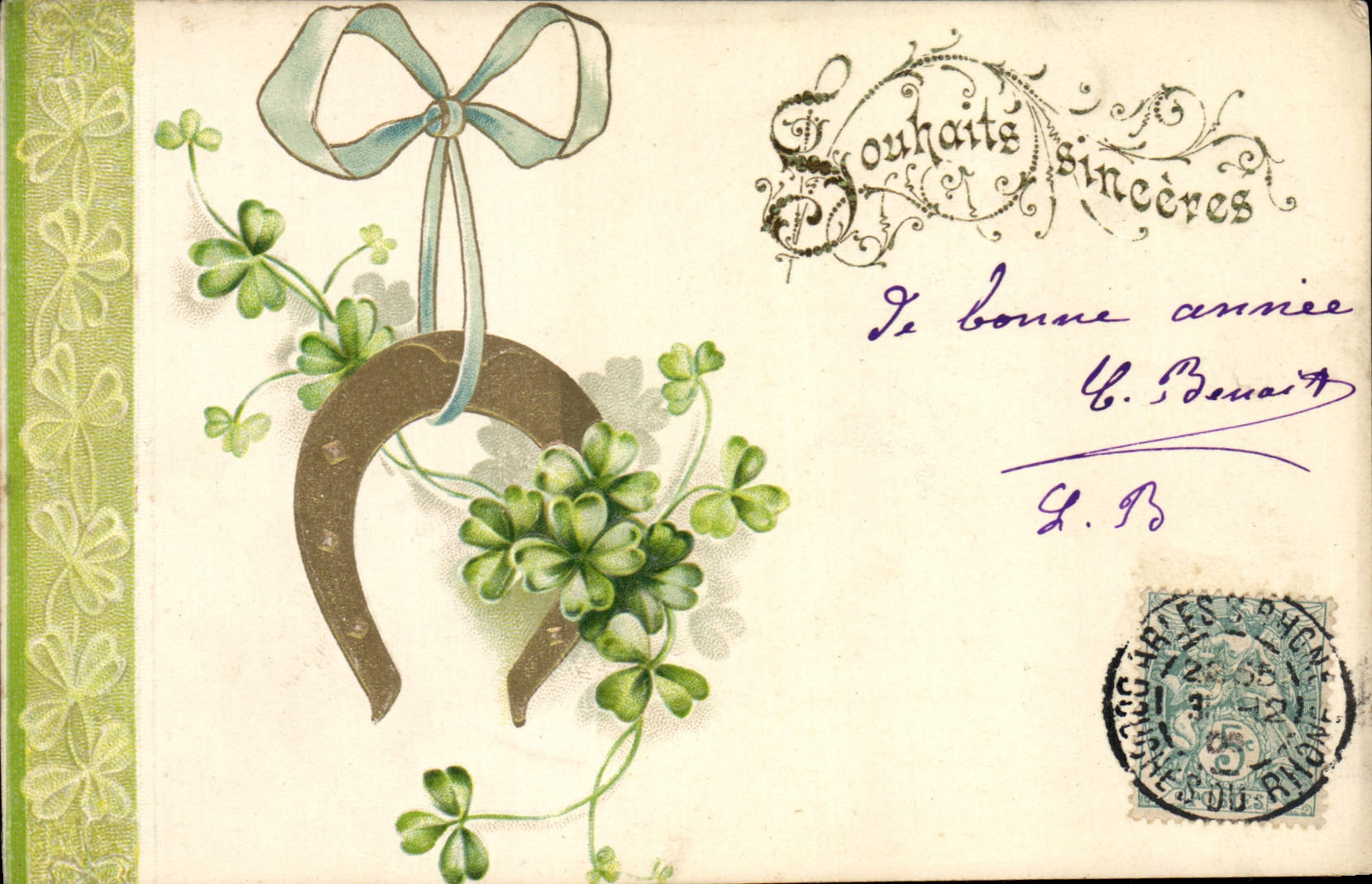 CPA Fantaisie Fleurs Fer a cheval Trefles