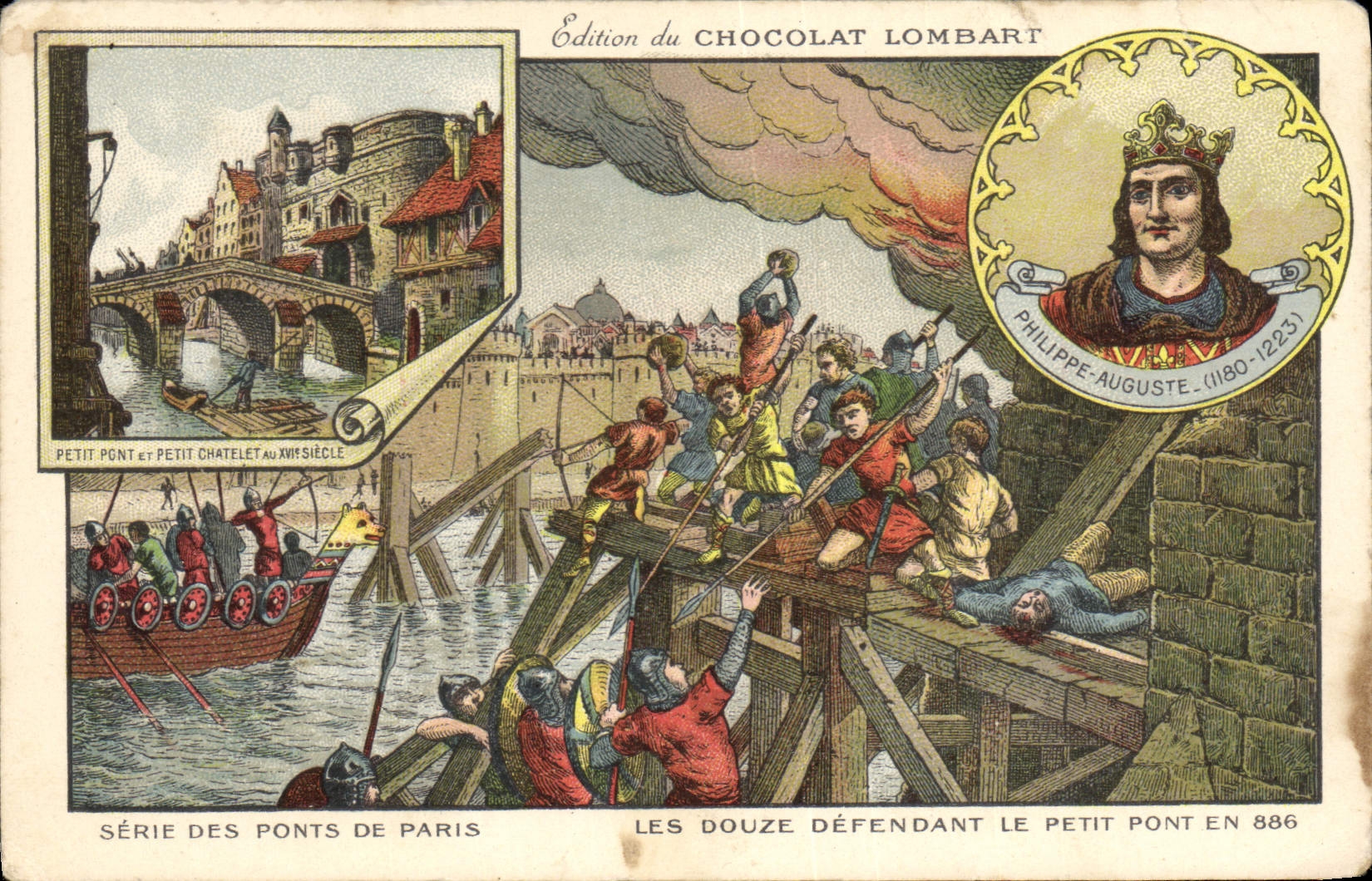 CPA Publicite Chocolat Lombart Serie des ponts de Paris Les douze defendant le petit pont en 886