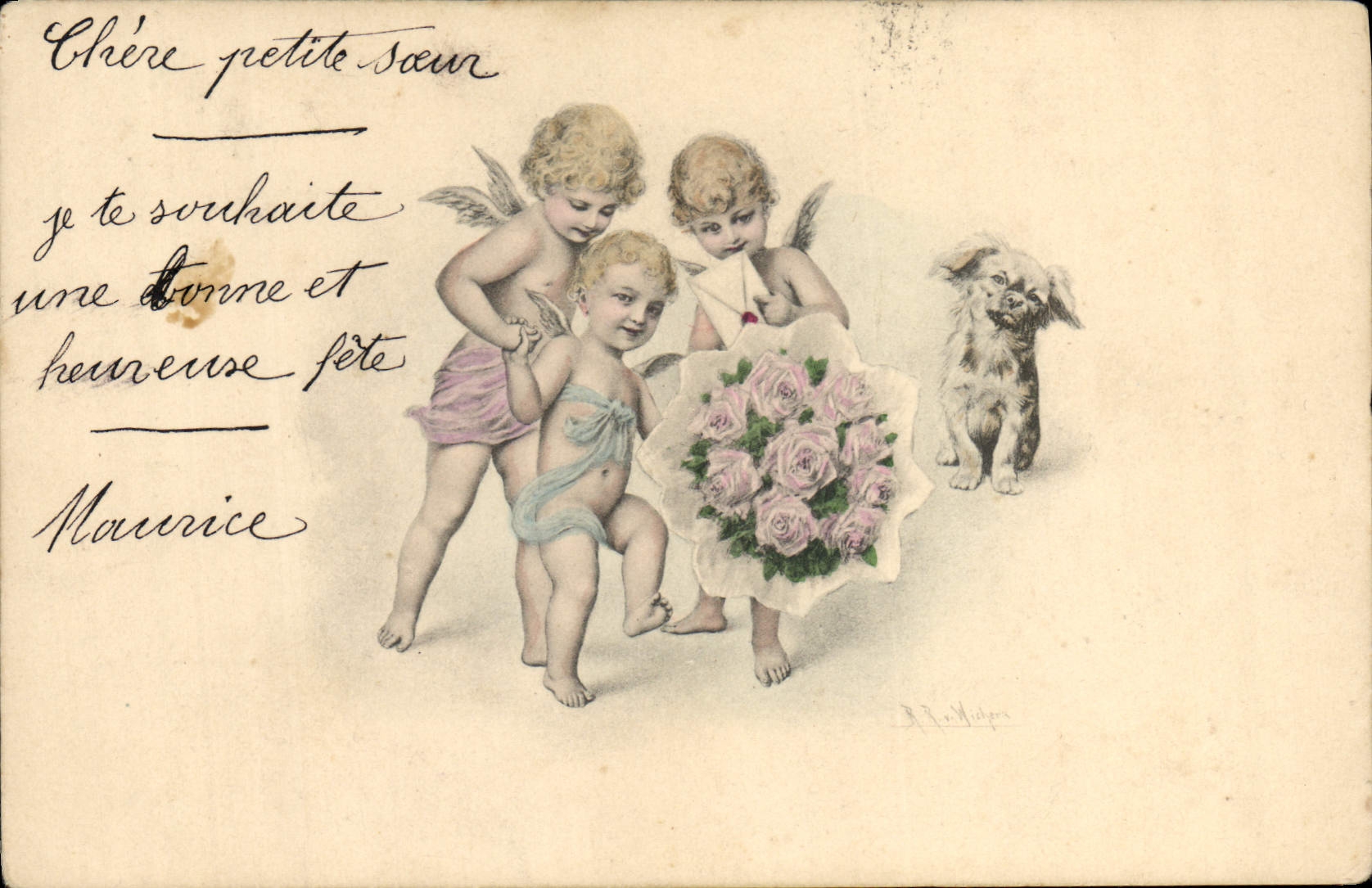 CPA Fantaisie Enfants Ange Chien 