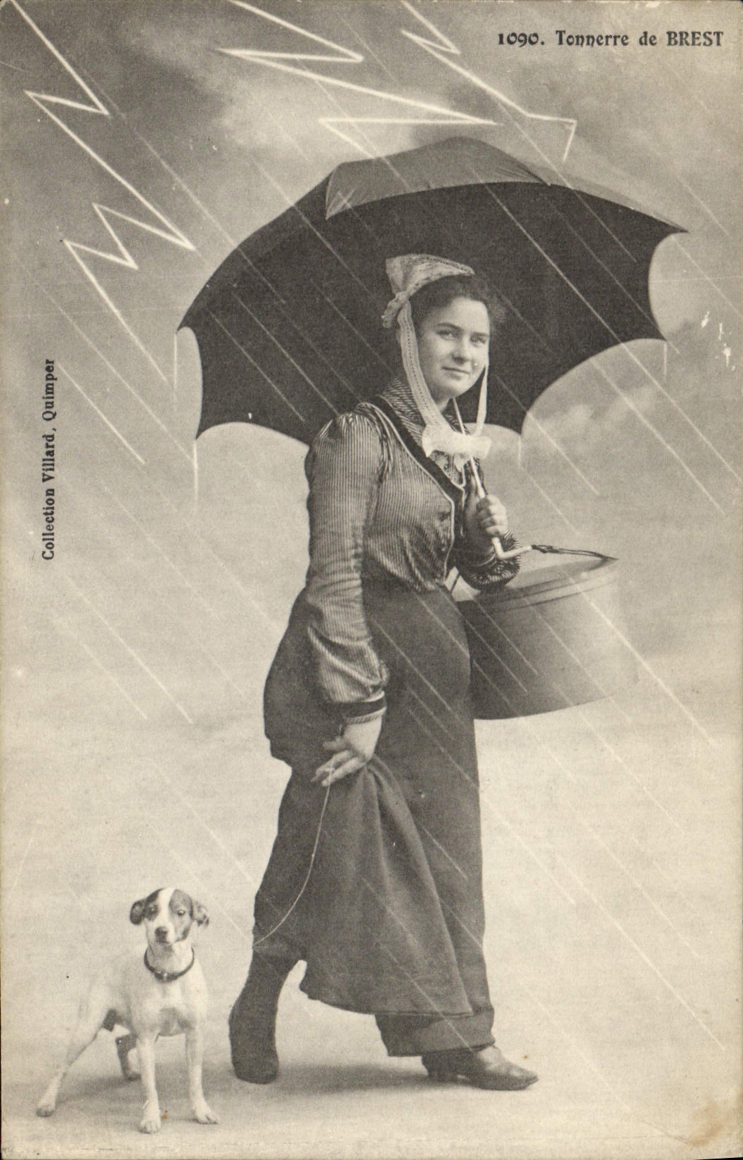 Vintage Postcard Folklore Woman Thunder of Brest Dog