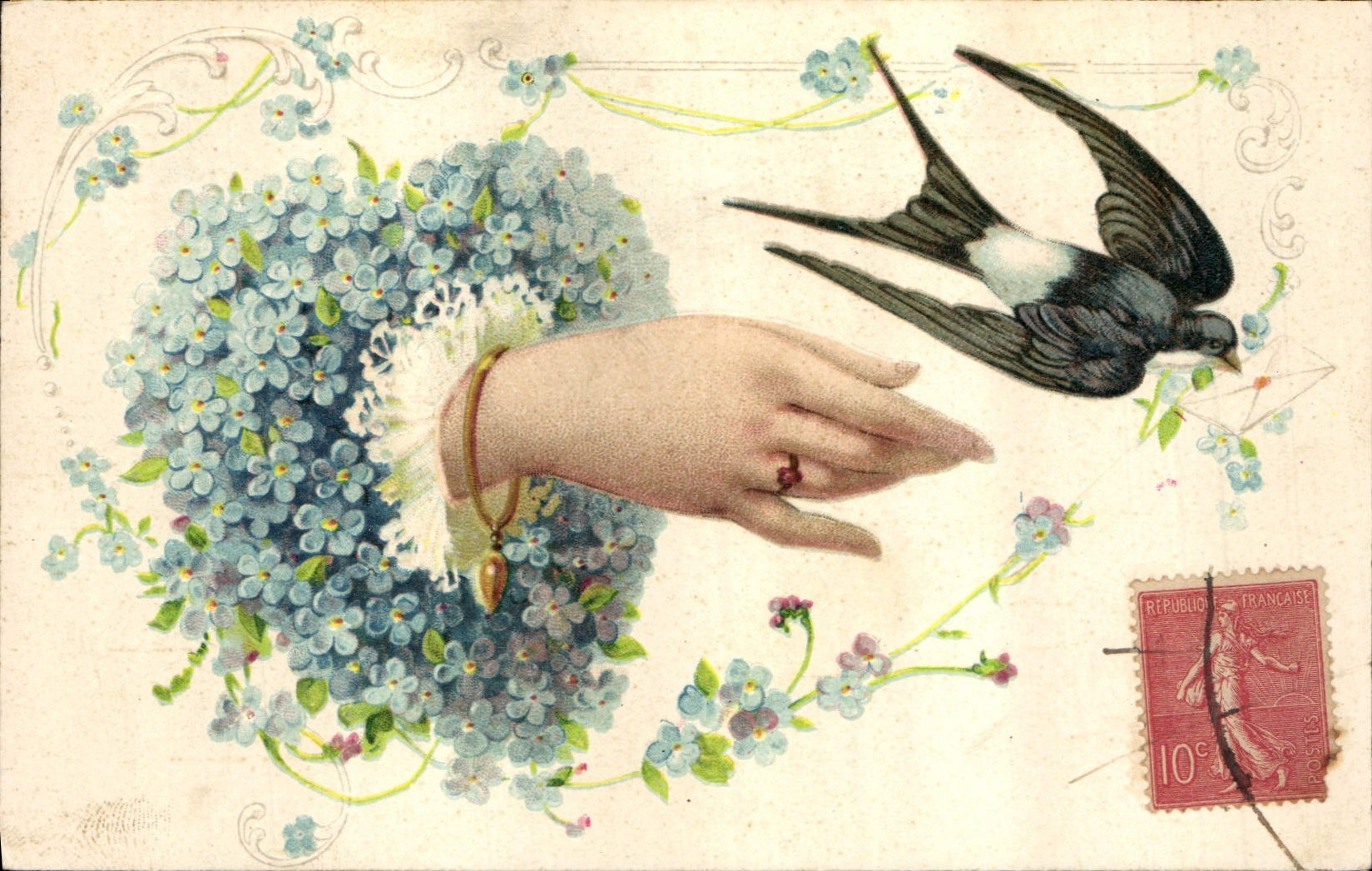 CPA Fantaisie Fleurs Hirondelle